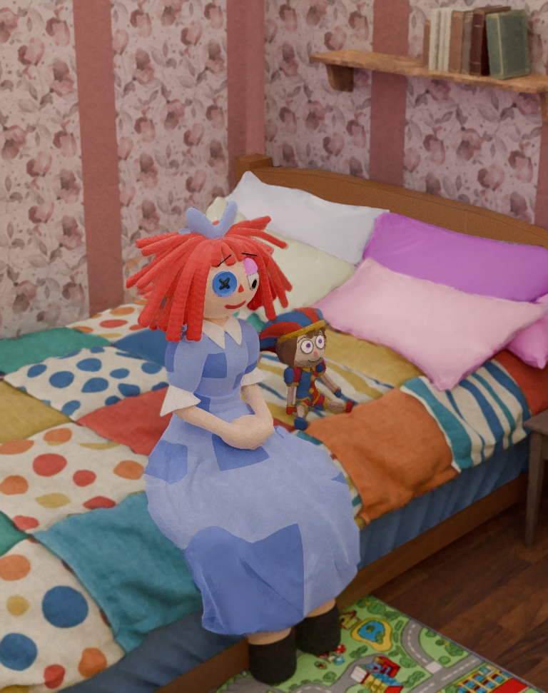 a wide shot of Ragatha and Pomni both sitting alone