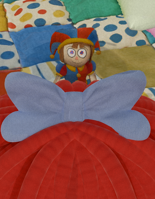 another angle, showing Pomni on the bed, shadowed by Ragatha's looming body
