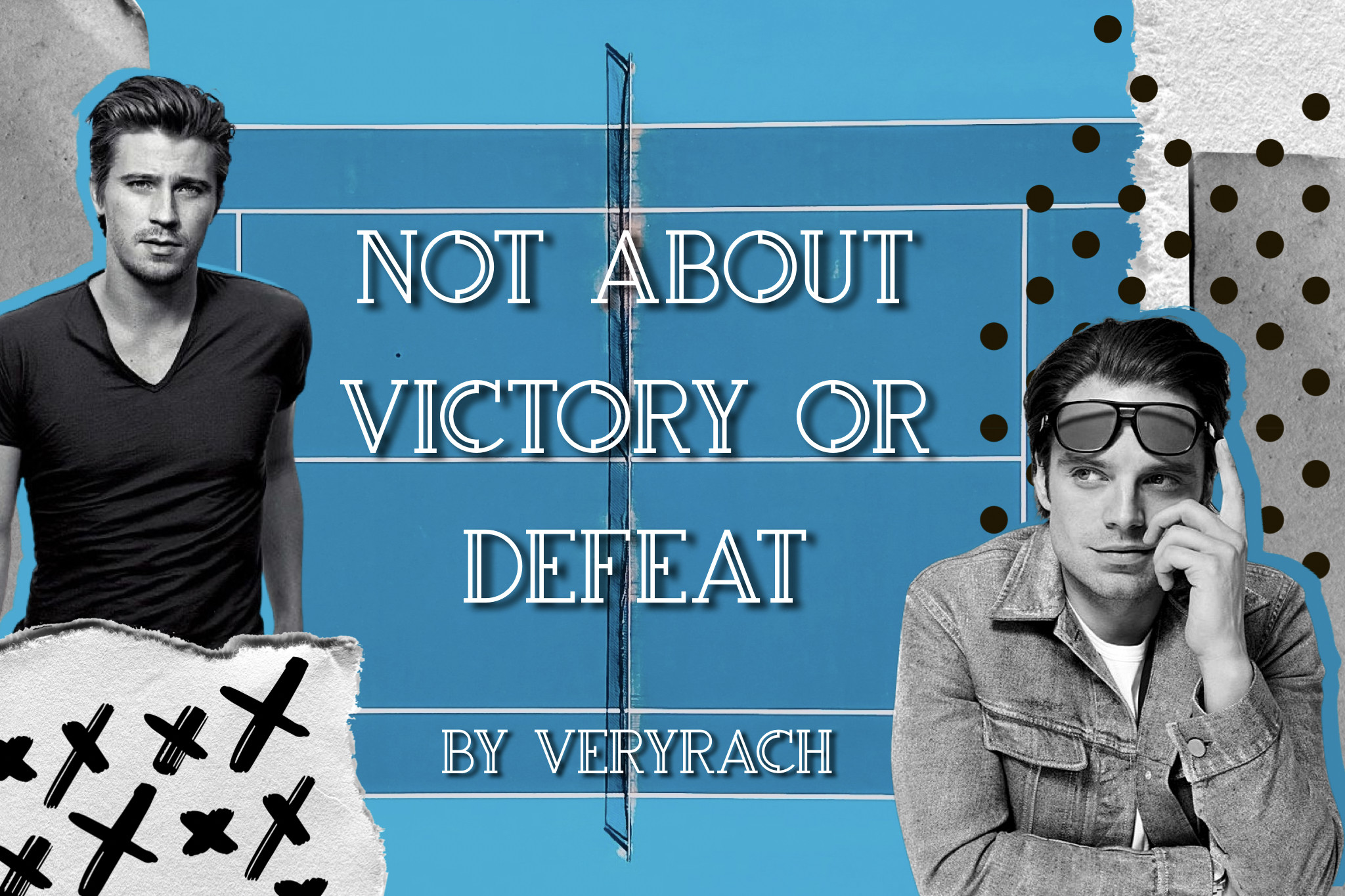 fic title banner showing Clint and Bucky on a tennis background