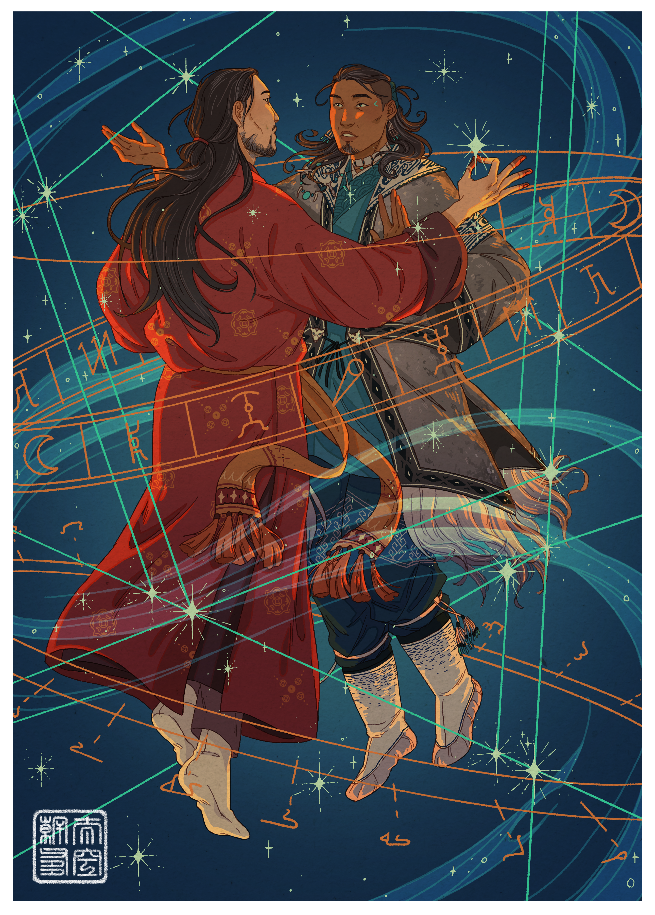 a full figure colored drawing of sokka and zuko, they’re facing each other and floating in the night sky, around them there are stars and bright lines of galactic map charting