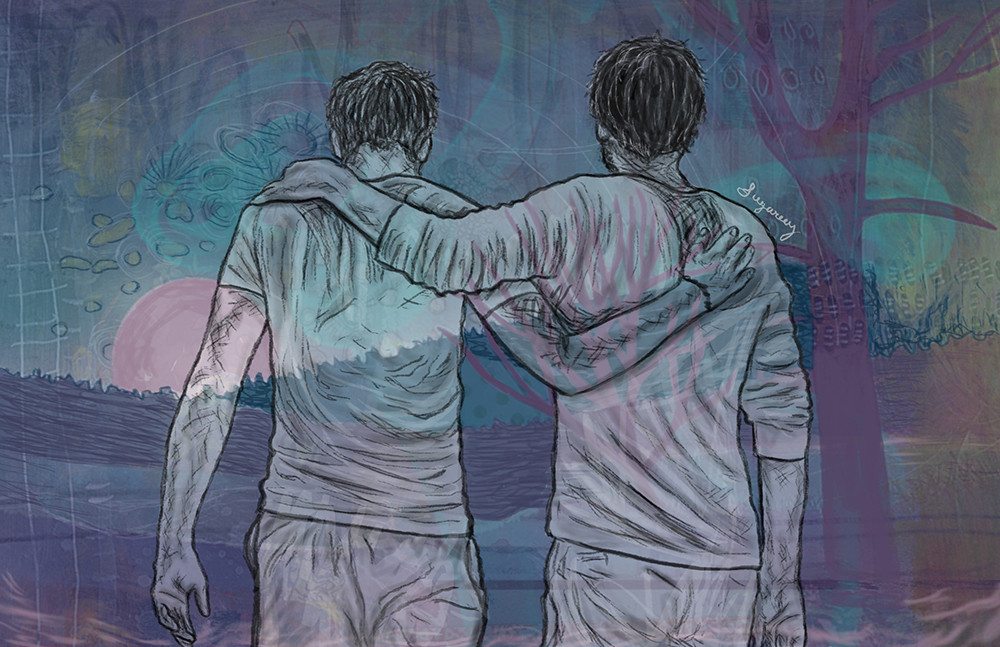 The backsides of Stiles and Derek as ghosts. They have arms around each other's backs as they take in the night view on All Hallows Eve.