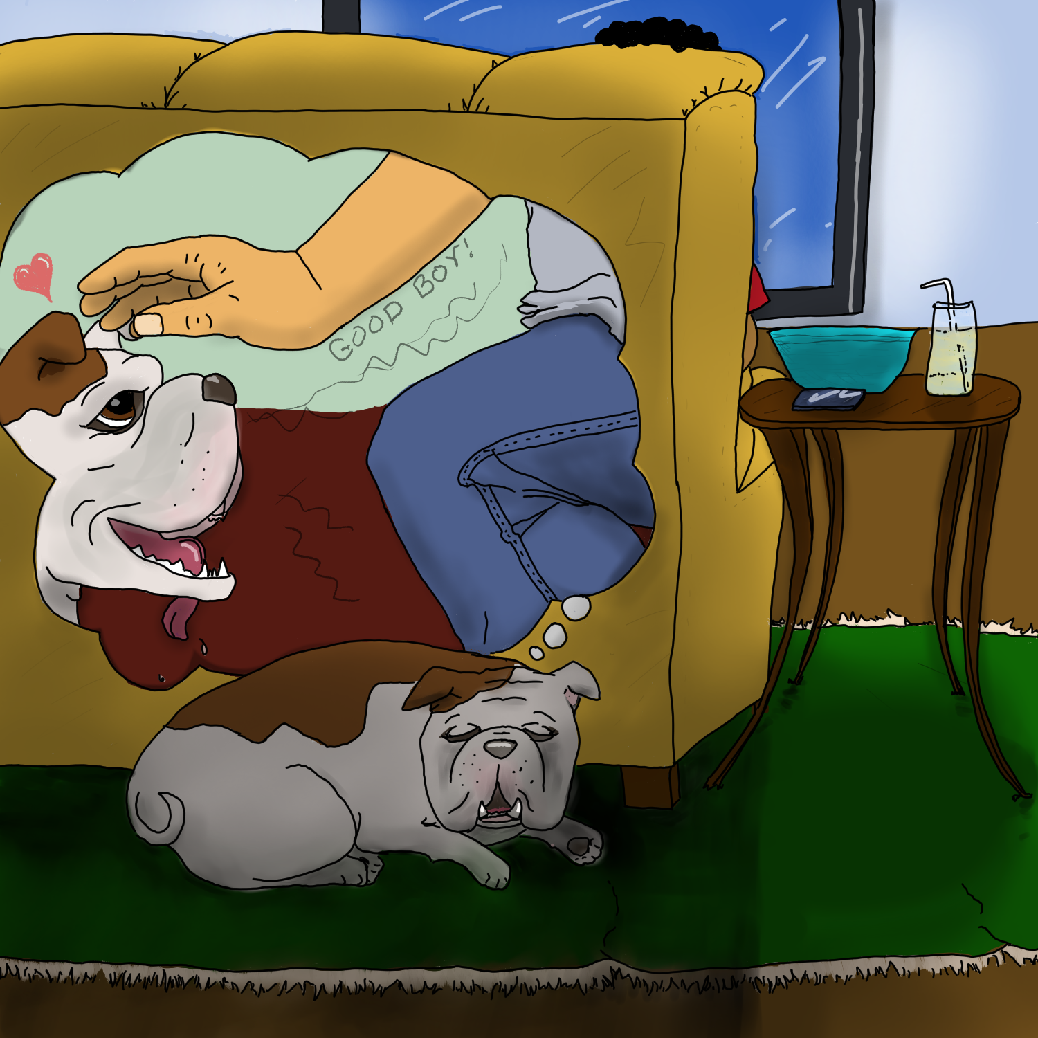 
Sherlock & Co universe: Archie the bulldog sleeps behind the gold-colored couch in Mariana's apartment. He is dreaming about John petting him that morning, and he is clearly loving him, with a little heart over his head. Mariana's hair peeks over the top of the couch, and her elbow is visible on the right arm. There is a small side table holding a blue bowl of crisps, a glass of lemonade, and Mariana's blue phone. She is watching something on the large flat-screen TV on the wall in front of her.