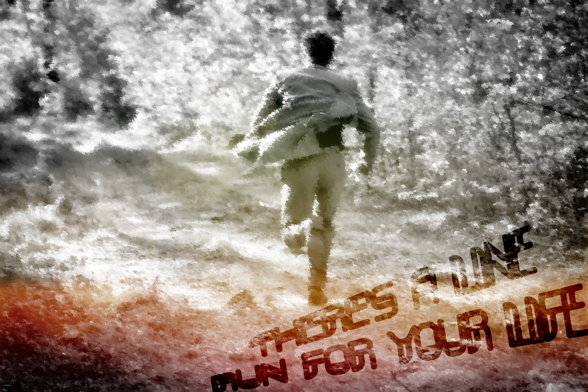 a greyscaled image with a coloured light at the bottom with paintbrush strokes of a man wearing a suit running through woodland with the text there’s a line run for you life at an incline/gradient