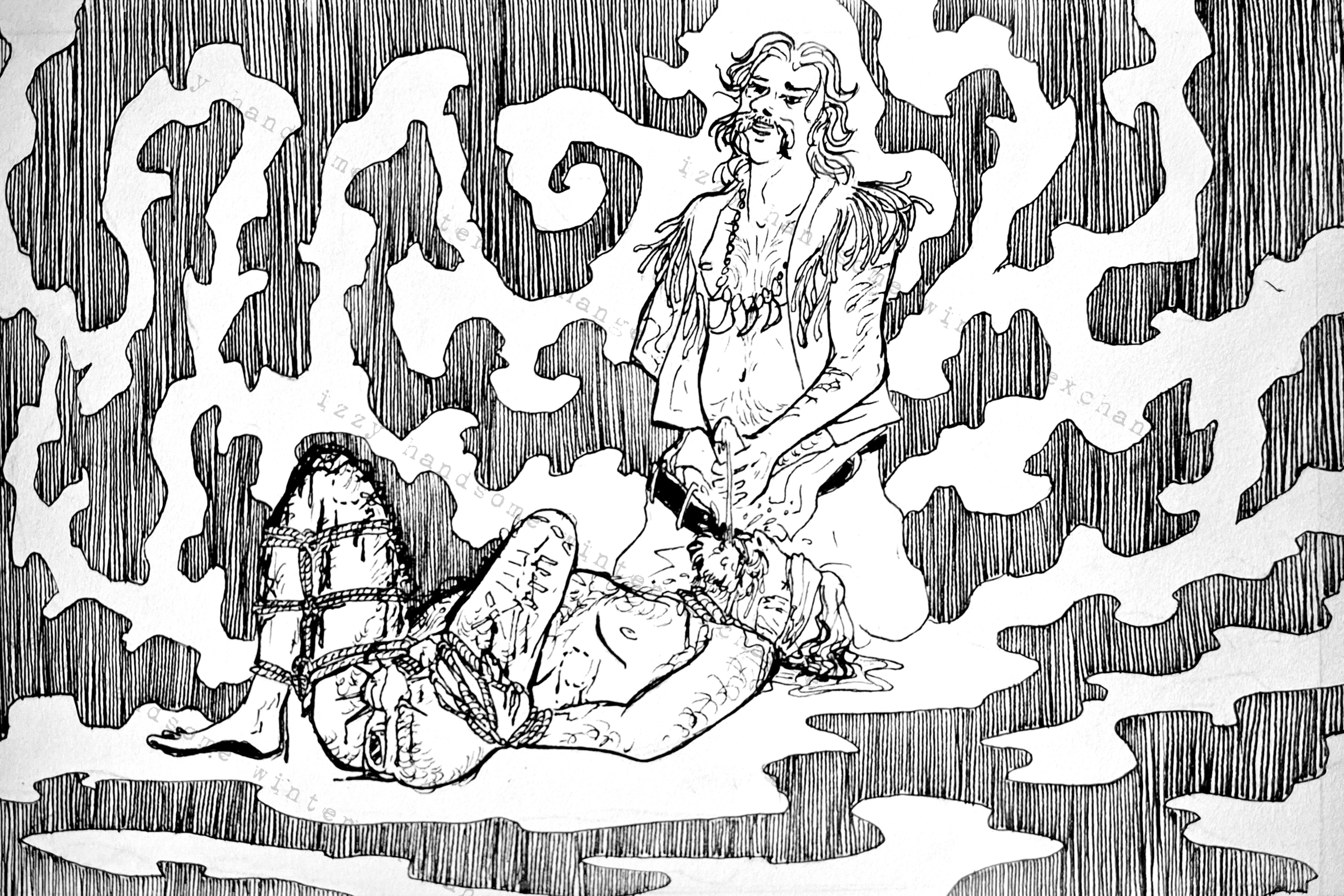 ink drawing of calico jack pissing in izzy's mouth. izzy is tied up on his back with his wrists tied to his thighs. he has been needled and his scrotum has been pierced with sharp objects. he has several bloodied bite marks on him. he is blindfolded.