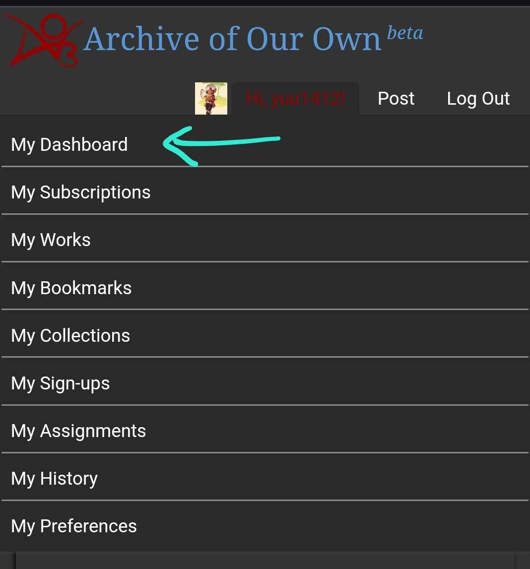 mobile ao3 view with a reversi background, with a cyan arrow pointing to the the "My Dashboard"  link