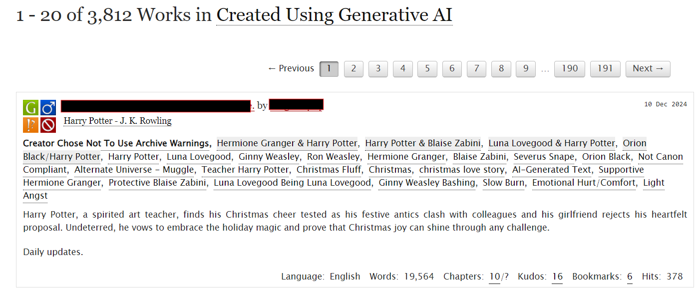 start of the "Created Using Generative AI" tag page on ao3. It lists that there are 1-20 of 3,812 works in the tag. There is only one fic blurb visible and the title and author has been redacted, but it is a Harry Potter holiday fic