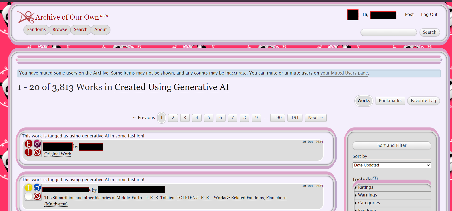 ao3 screenshot of the "Created Using Generative AI" tag page" while using the Warner and Panda Madness CSS codes