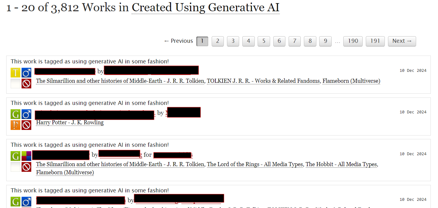 start of the "Created Using Generative AI" tag page on ao3. It lists that there are 1-20 of 3,812 works in the tag. There are 4 of fic blurbs with their author and title redacted, but you can see the first and third are from The Silmarillon and other histories of Middle-Earth fandom, while the second is from Harry Potter. You cannot view the tags. Above each title and archive warnings box, you can see the text "This work is tagged as using generative AI in some fashion!"