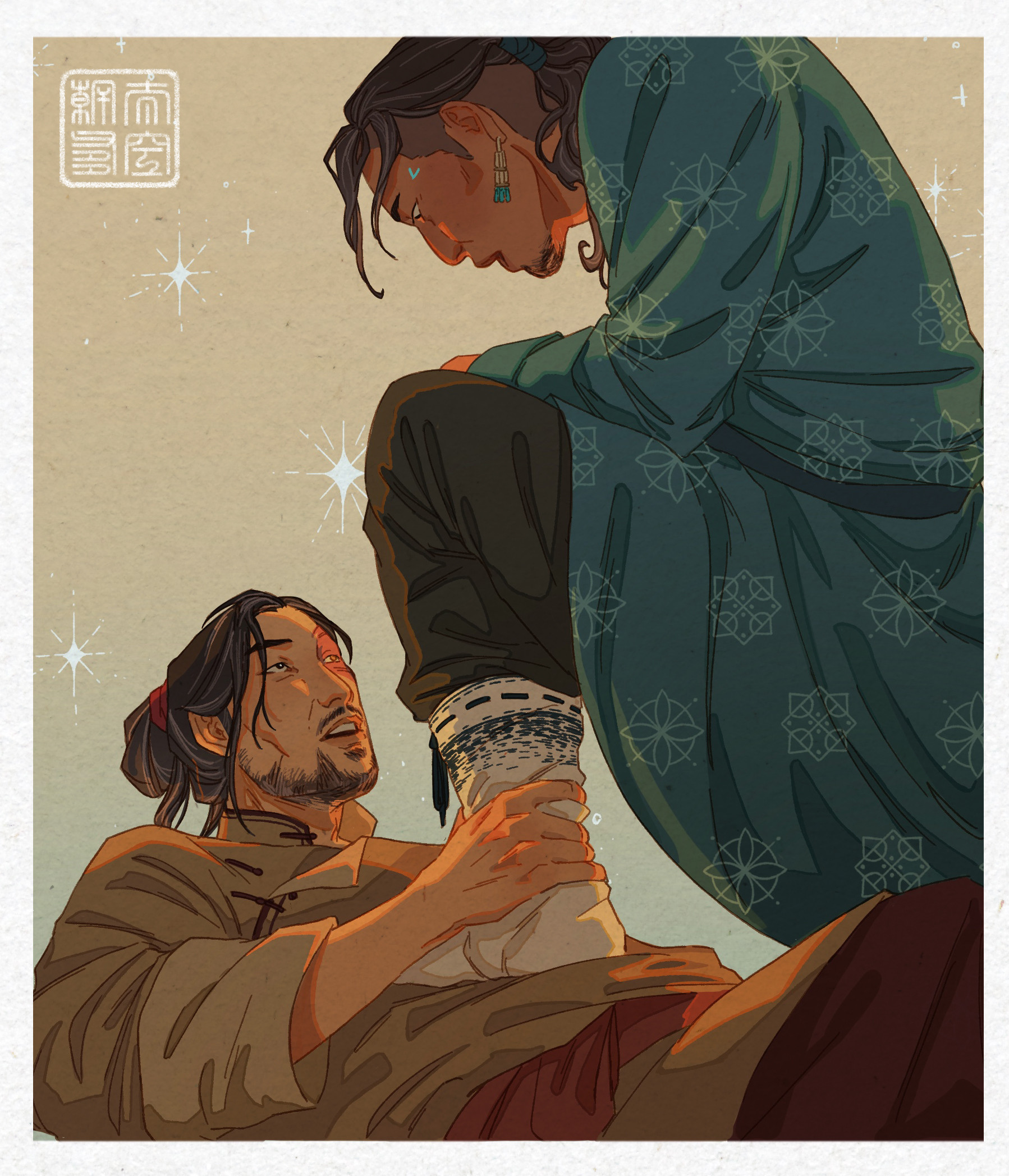 Zuko is lying on the ground on his back, his hair in a loose knot and his collar buttons opened. Above him is Sokka, with his foot over Zuko’s chest.