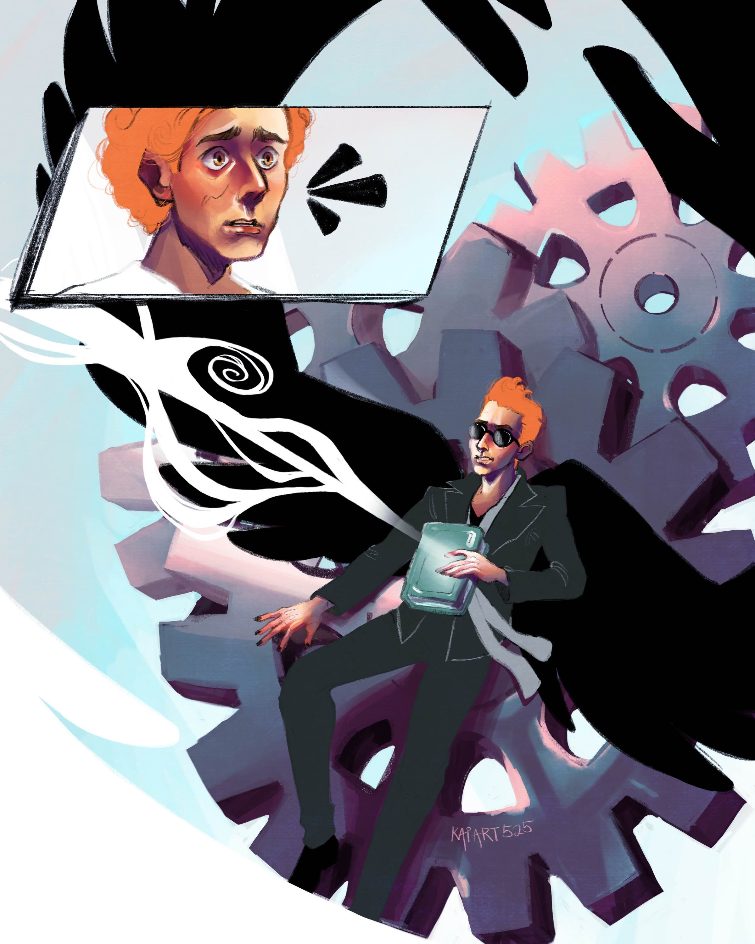 Raphael finds Crowley pinned in the gears of time