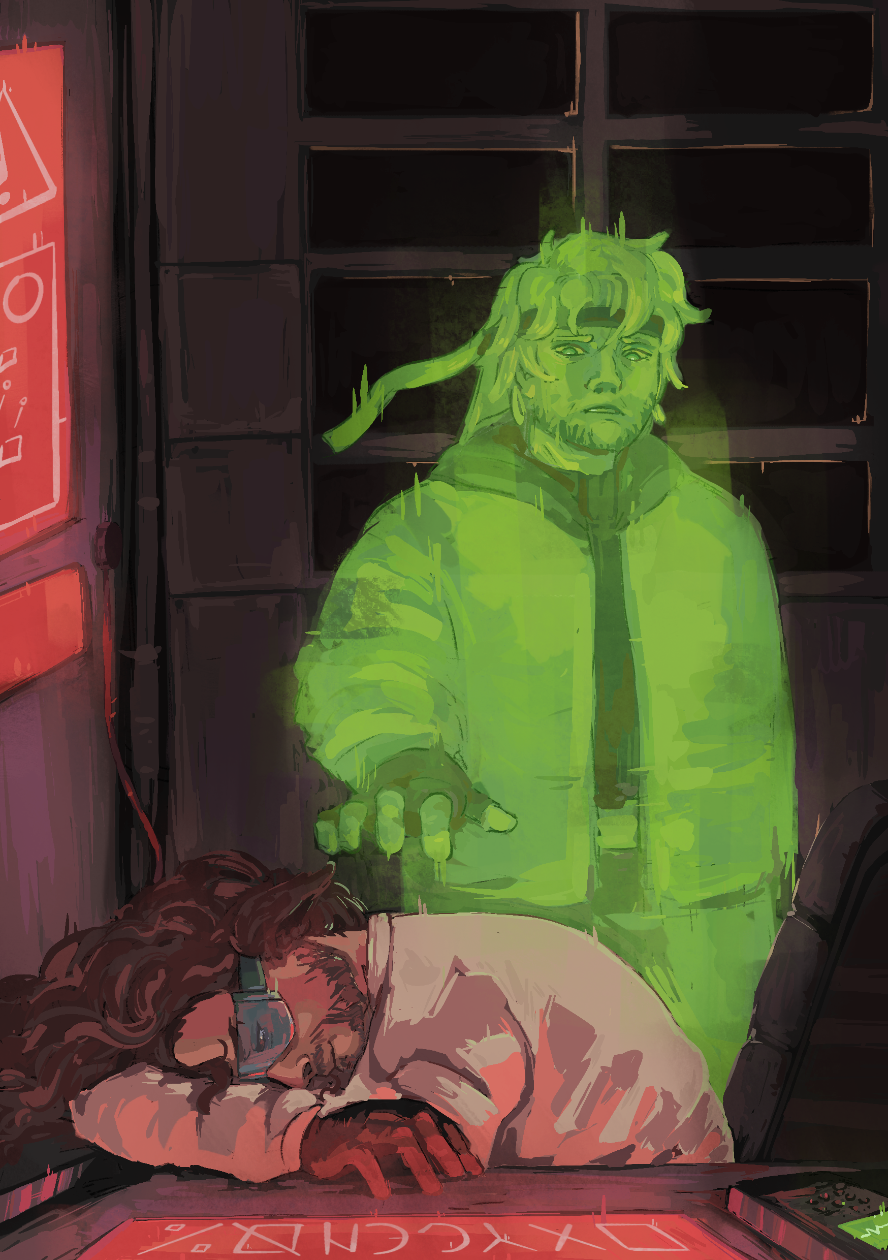 Artwork by mrfroag depicting Martyn, a digital green figure, standing over Ren who has his head down on the dashboard.