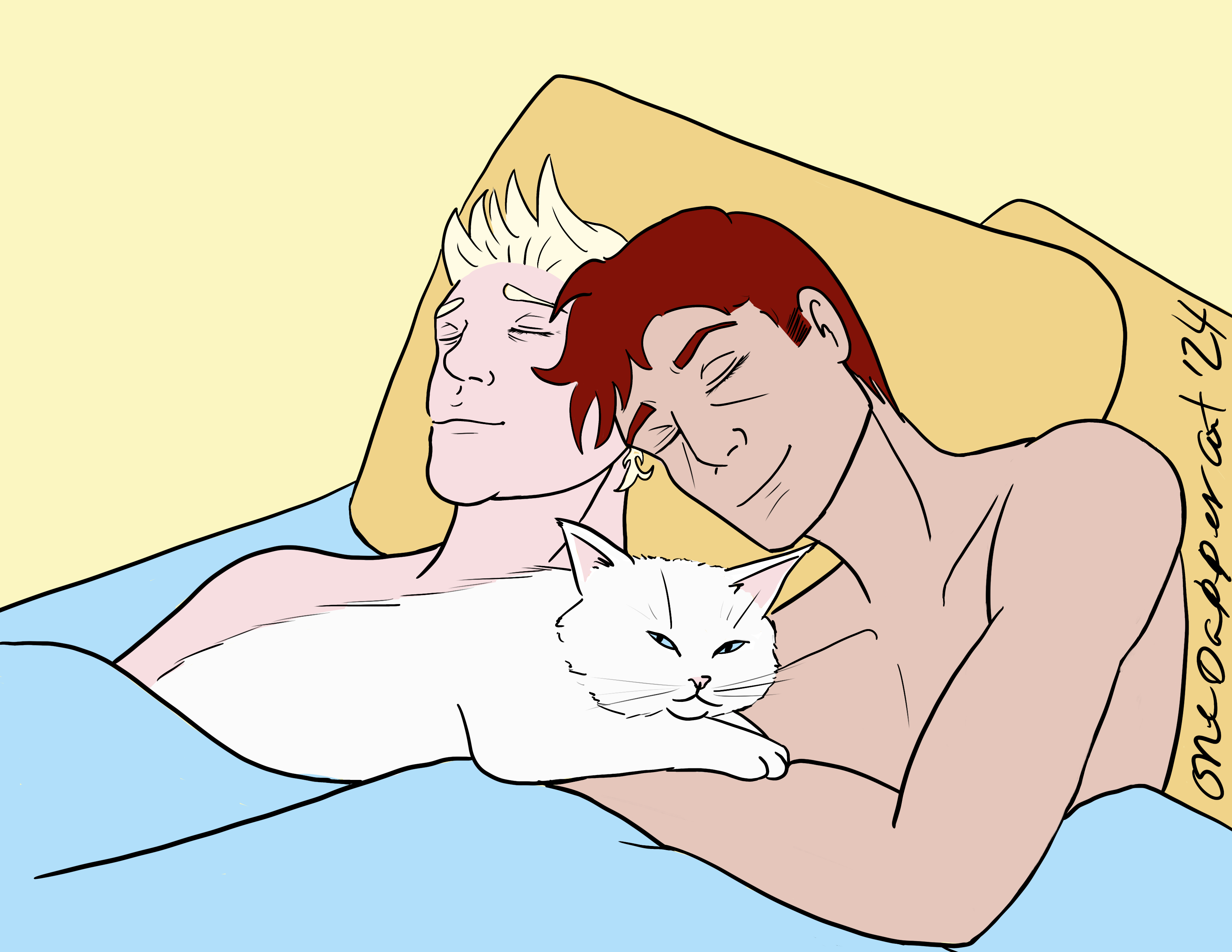 Crowley, Aziraphale, and the cat are home