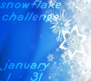 a blue backround with white snowflake shapes on the right text snowflake challenge january 1 - 31 on the right blended text