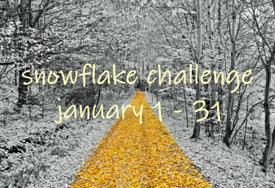 a gold coloured path through snow covered woodland text snowflake challenge january 1 - 31 in pale yellow fine marker font acros the centre.