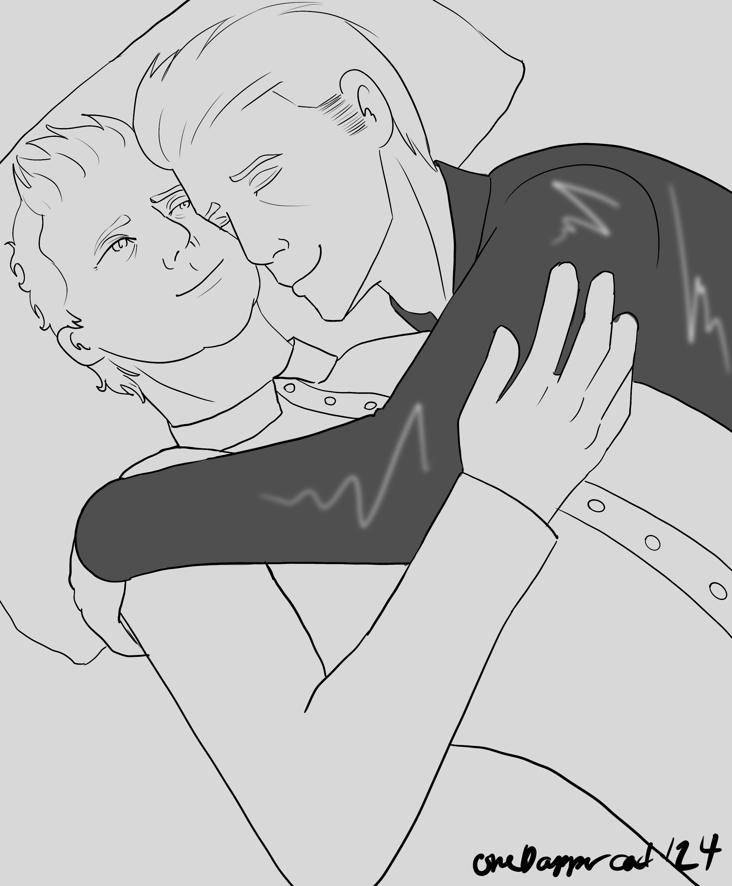 Aziraphale and Crowley cuddling 