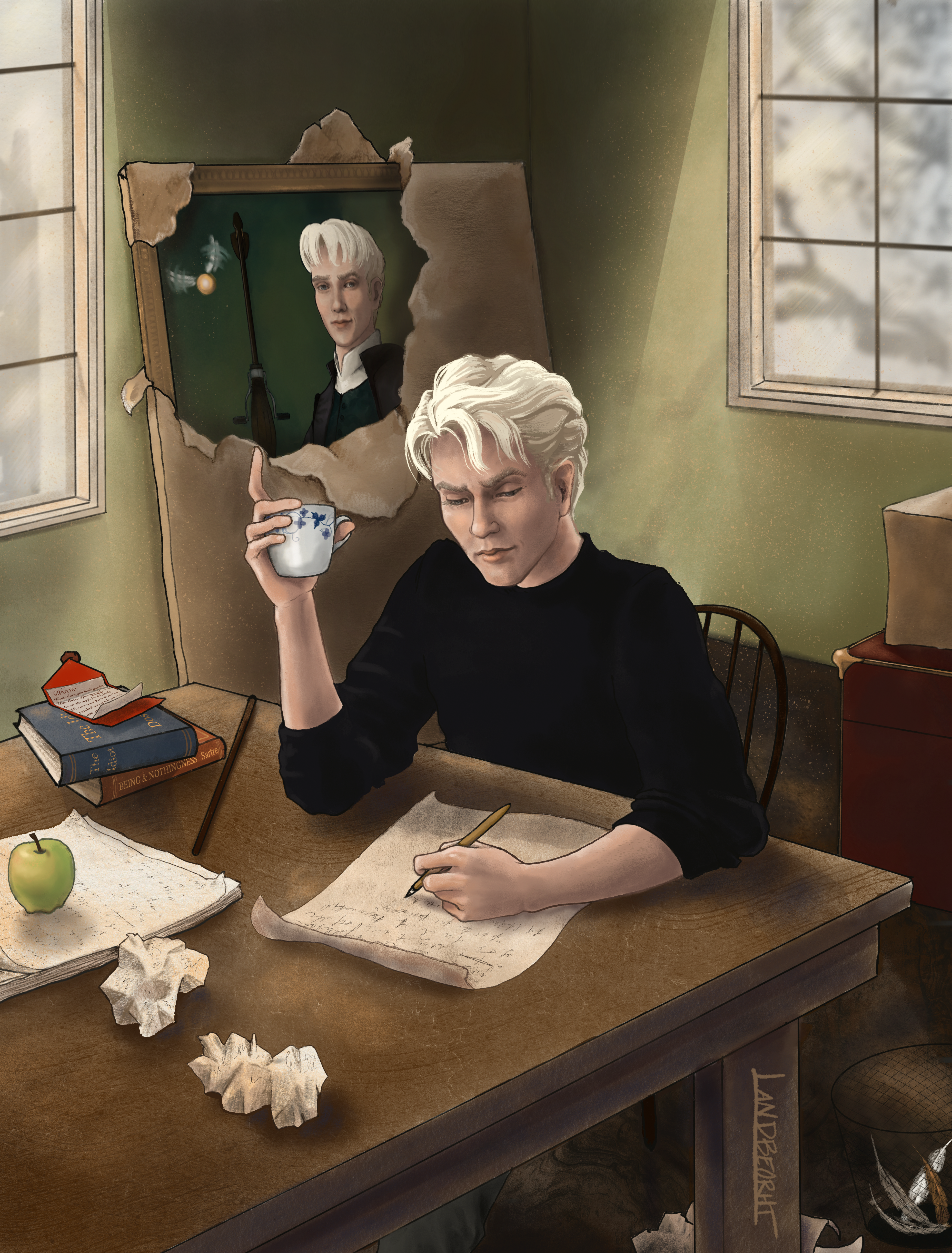 Illustration of Draco Malfoy writing at a table while his coming of age portrait looms behind him