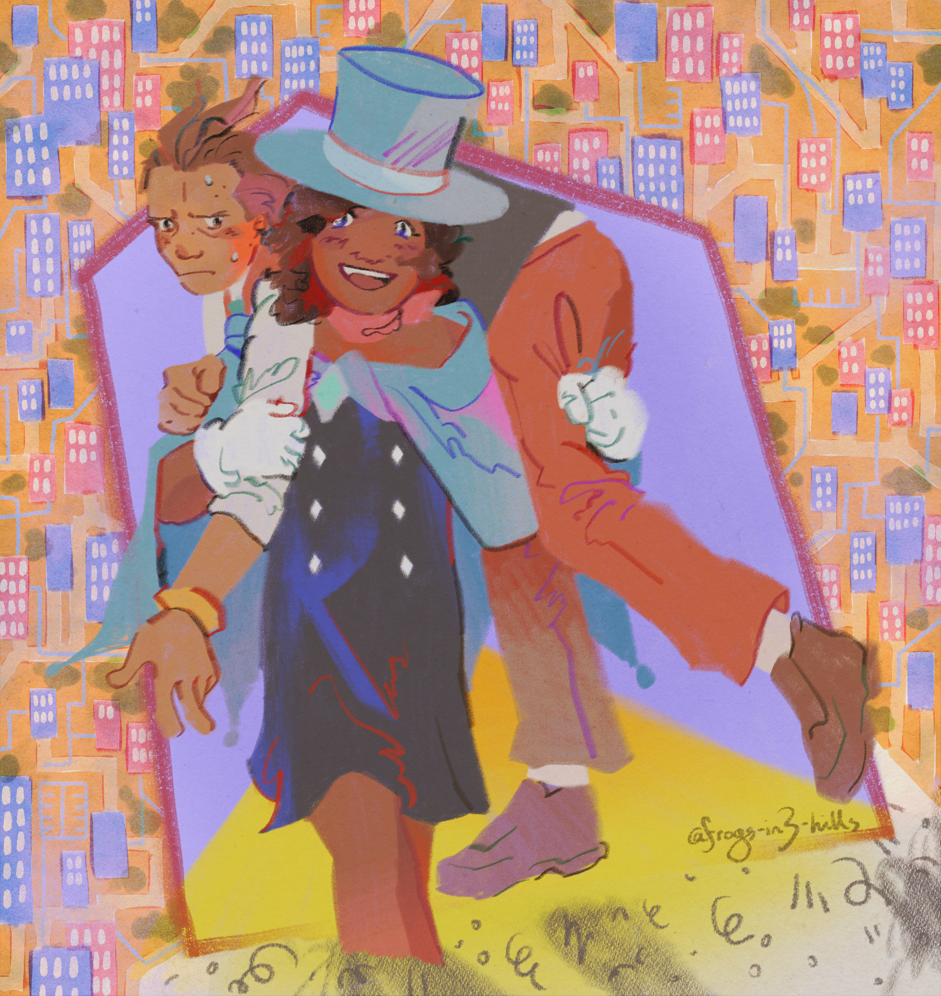 Trucy carries a disgruntled-looking Apollo over her shoulders