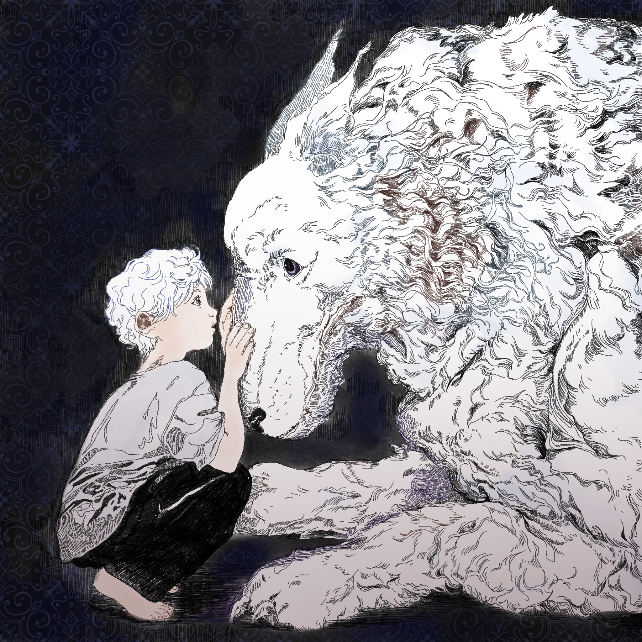 A young Killua crouches before his huge dog, Mike, to stroke his nose