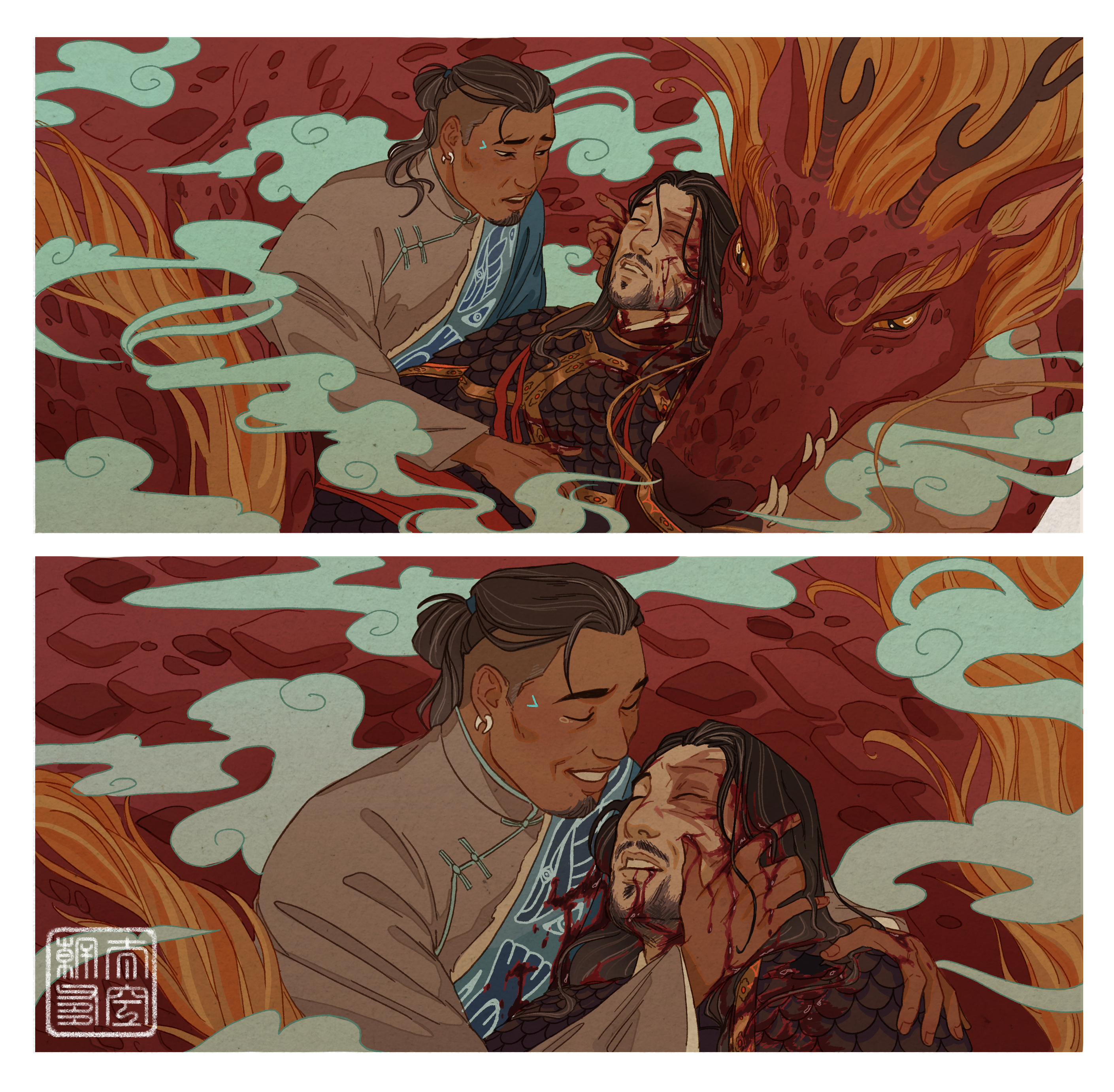 A two panel art of Sokka, Zuko and Druk. In the first panel Sokka is holding Zuko, who is passed out and covered in blood, and looking worriedly at him. Druk is coiled around them both. In the second panel Sokka is now smiling relieved, bringing his hand up to stroke Zuko’s cheek.