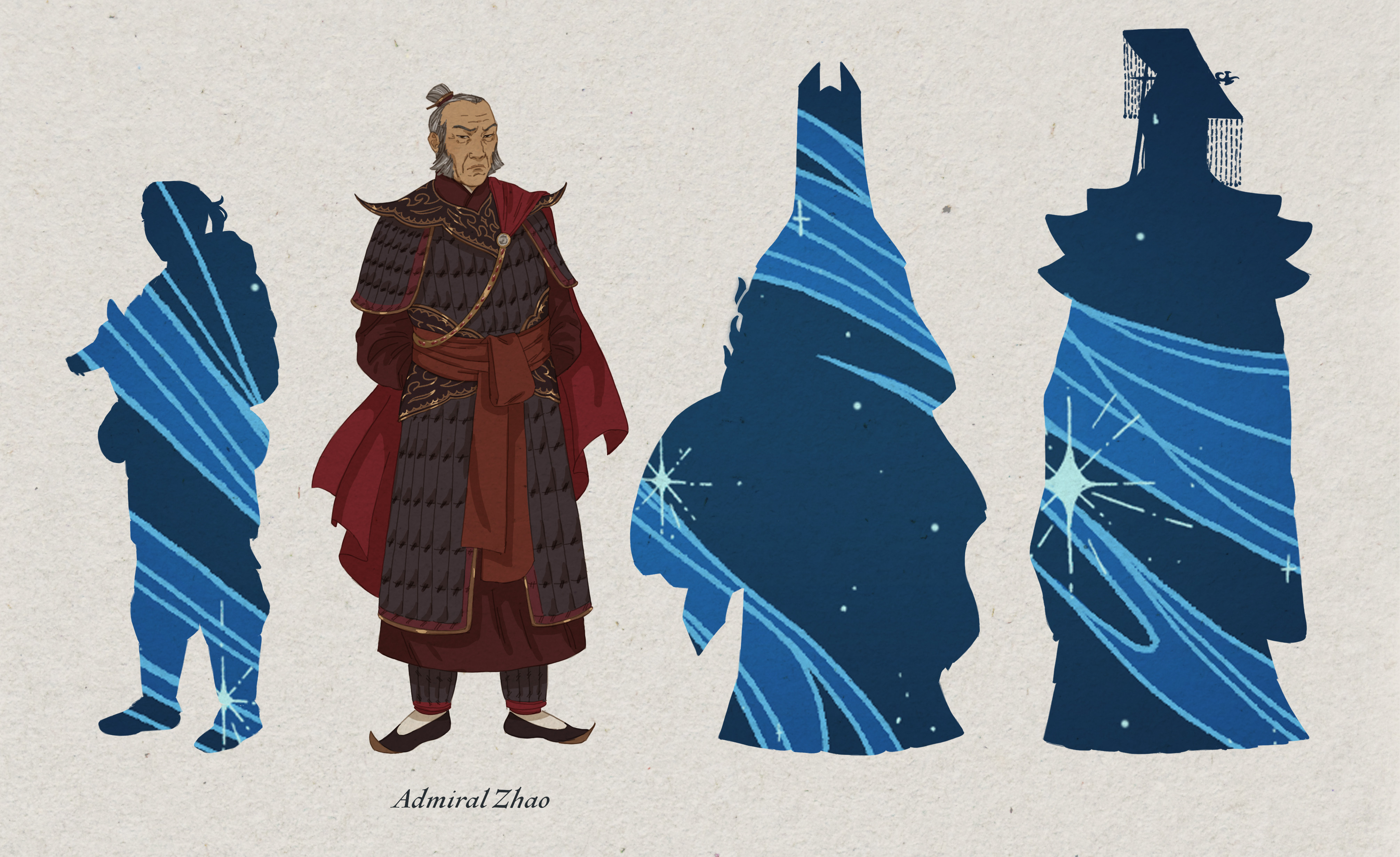 A lineup of four characters. Three are unrevealed silhouettes, with Zhao now displayed. He is an old man with grey whiskers wearing full armour.