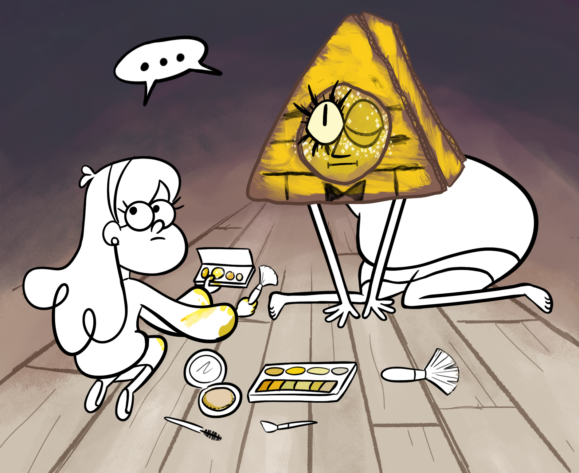 Panel three: Mabel and human Bill sitting on the ground together, surrounded by makeup pallets and brushes. On his head, Bill is wearing a big cardboard triangle that's been painted yellow with black brick stripes. His face has been painted yellow and covered in golden glitter. He and Mabel are turned to stare up at Grunkle Stan.