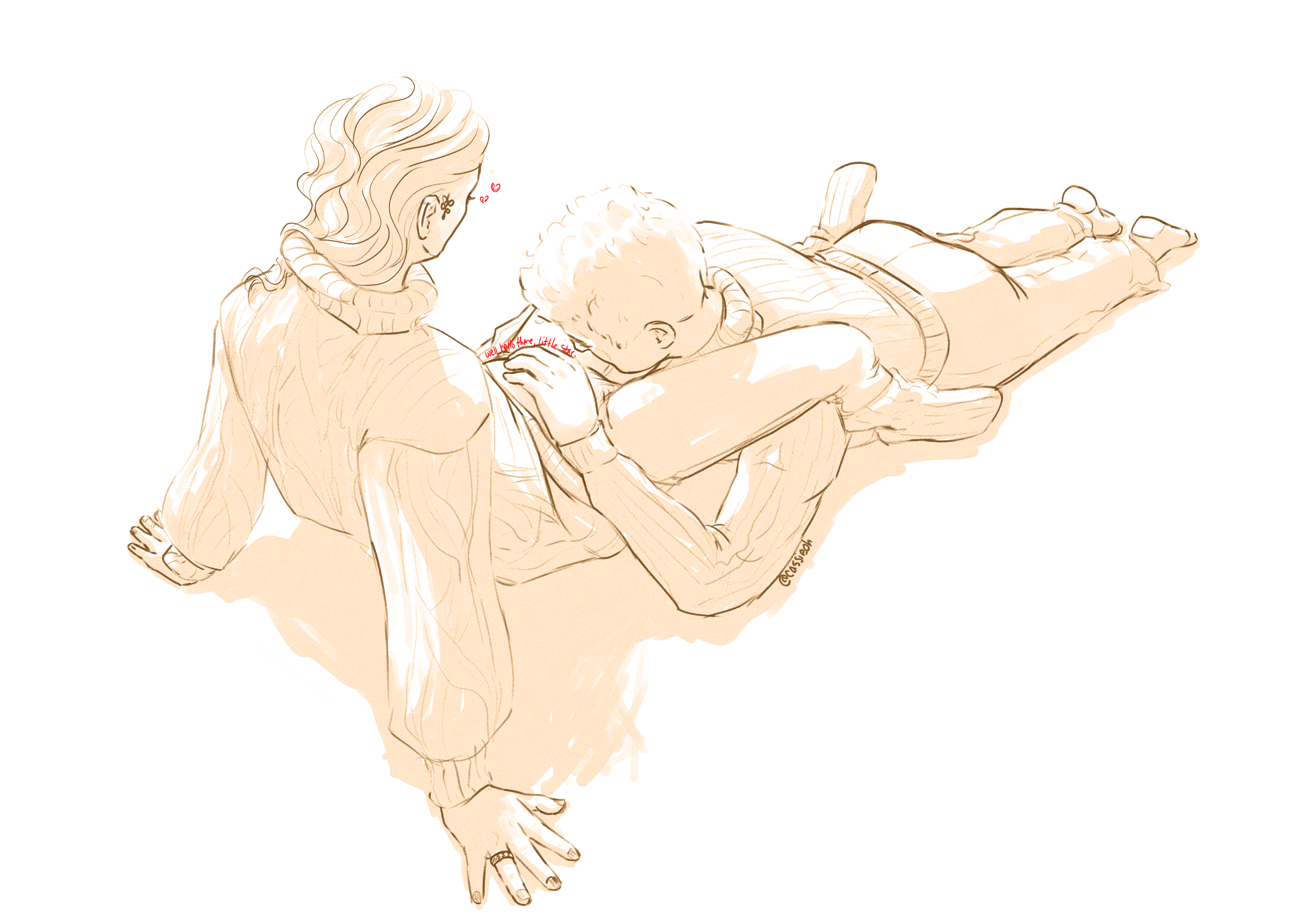 Aziraphale and Crowley, sketched in sepia tones. Crowley is wearing a thick sweater and leaning back on his hands while Aziraphale lays between his legs and speaks to his pregnant belly.