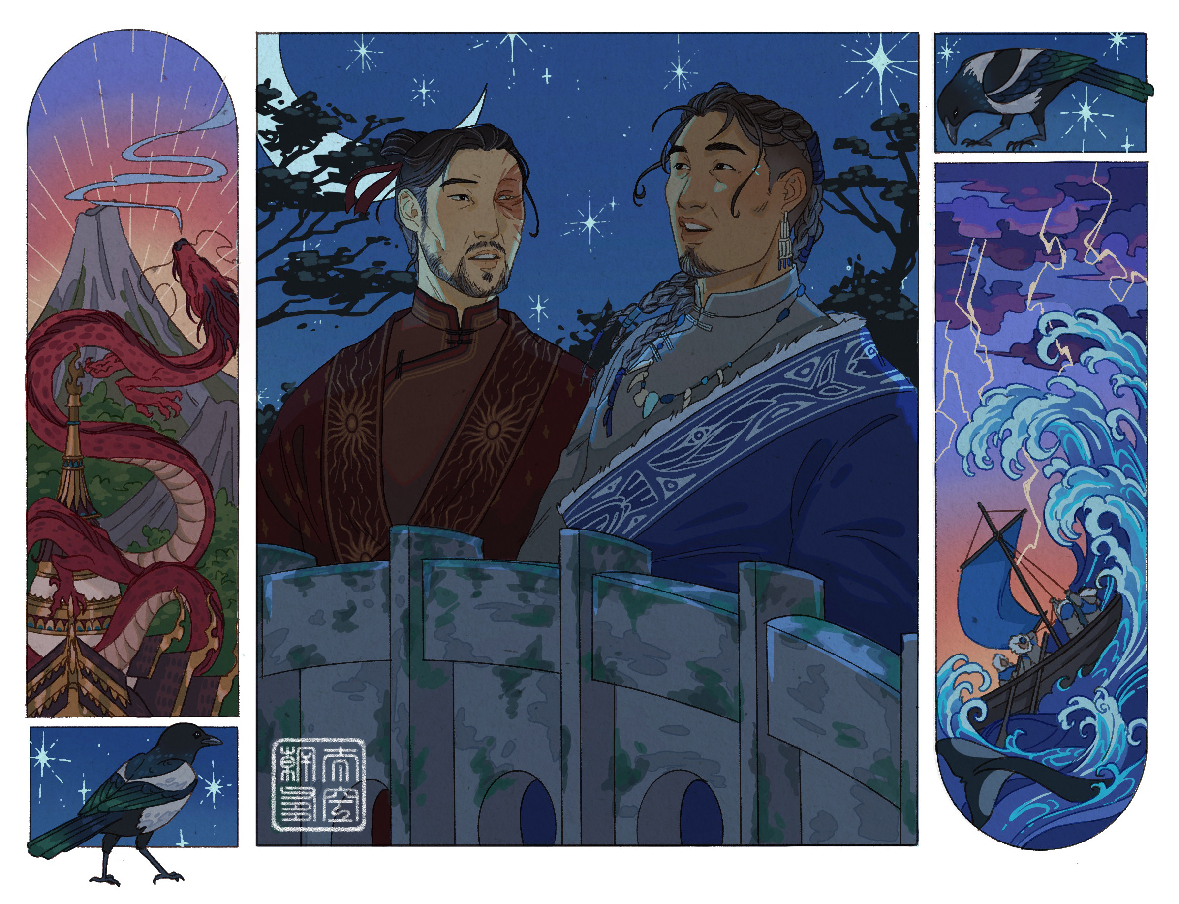 A colored illustration composed of three vertical panels. In the central one there are Sokka and Zuko, standing side by side on a bridge, Sokka is talking and looking straight ahead while Zuko is looking at him with a surprised and longing expression. The background is the night sky. Next to this panel there are two illustrations depicting two landscapes, the first is a fire nation scenery of a sunset with a dragon in the foreground, and the second is the illustration of a water tribe landscape of a stormy sea. Two magpies are next to these panels.
