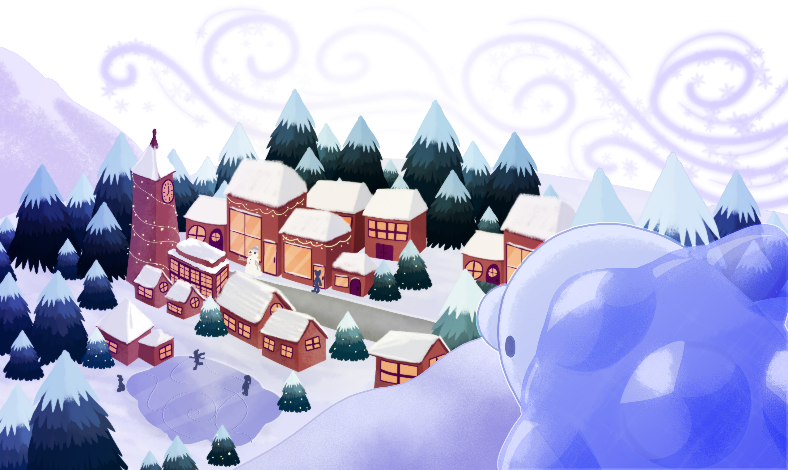 The little Snom looking down upon the town, alight with holiday cheer.