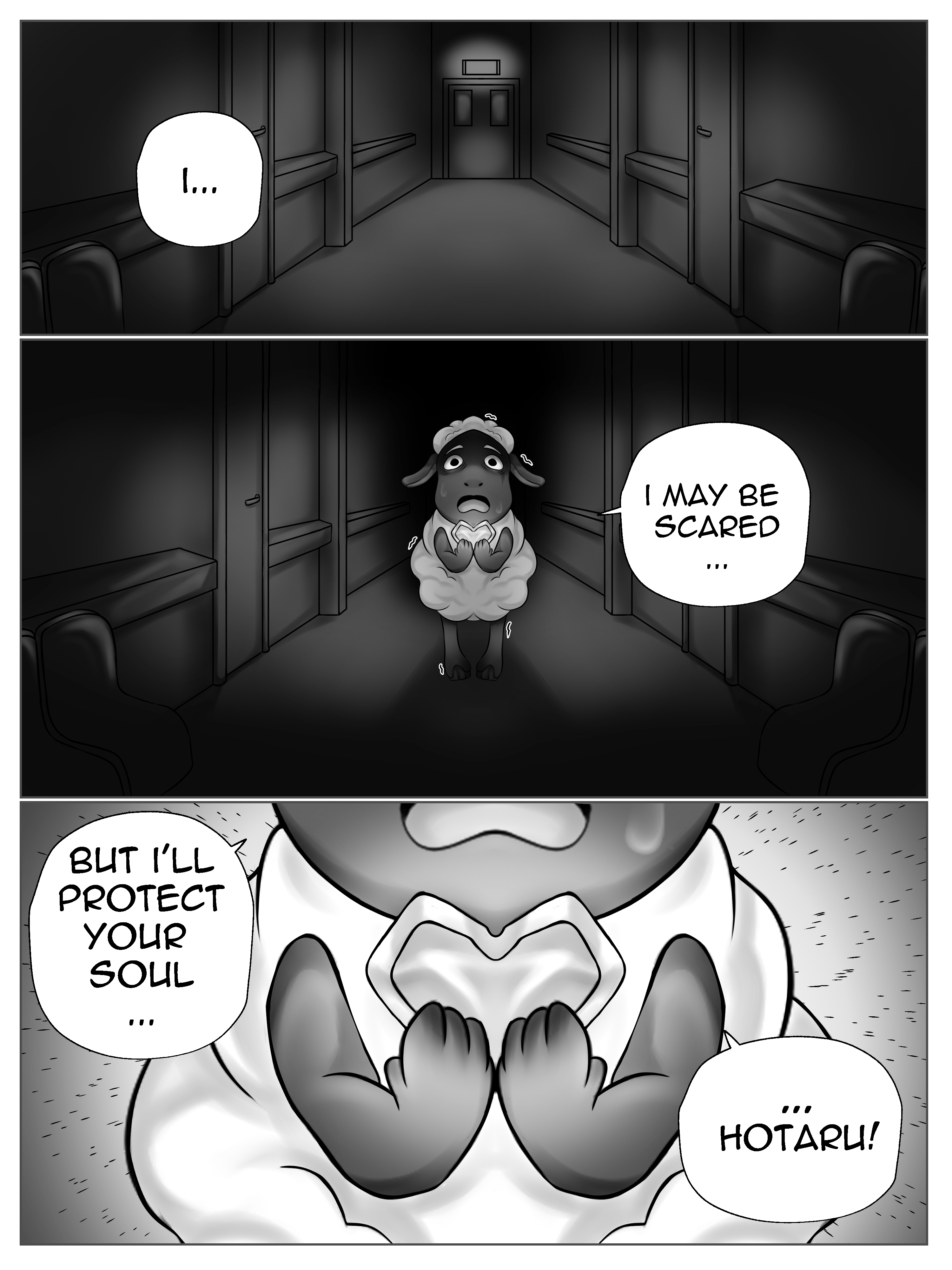 Comic in black in white, 3 panels on 1 page. Panel 1 show a creepy hallway. Panel 2 show Wooly frightened. Panel 3 zoom on the crystal he's holding. He's saying: I... I may be scared... but I'll protect your soul... Hotaru!