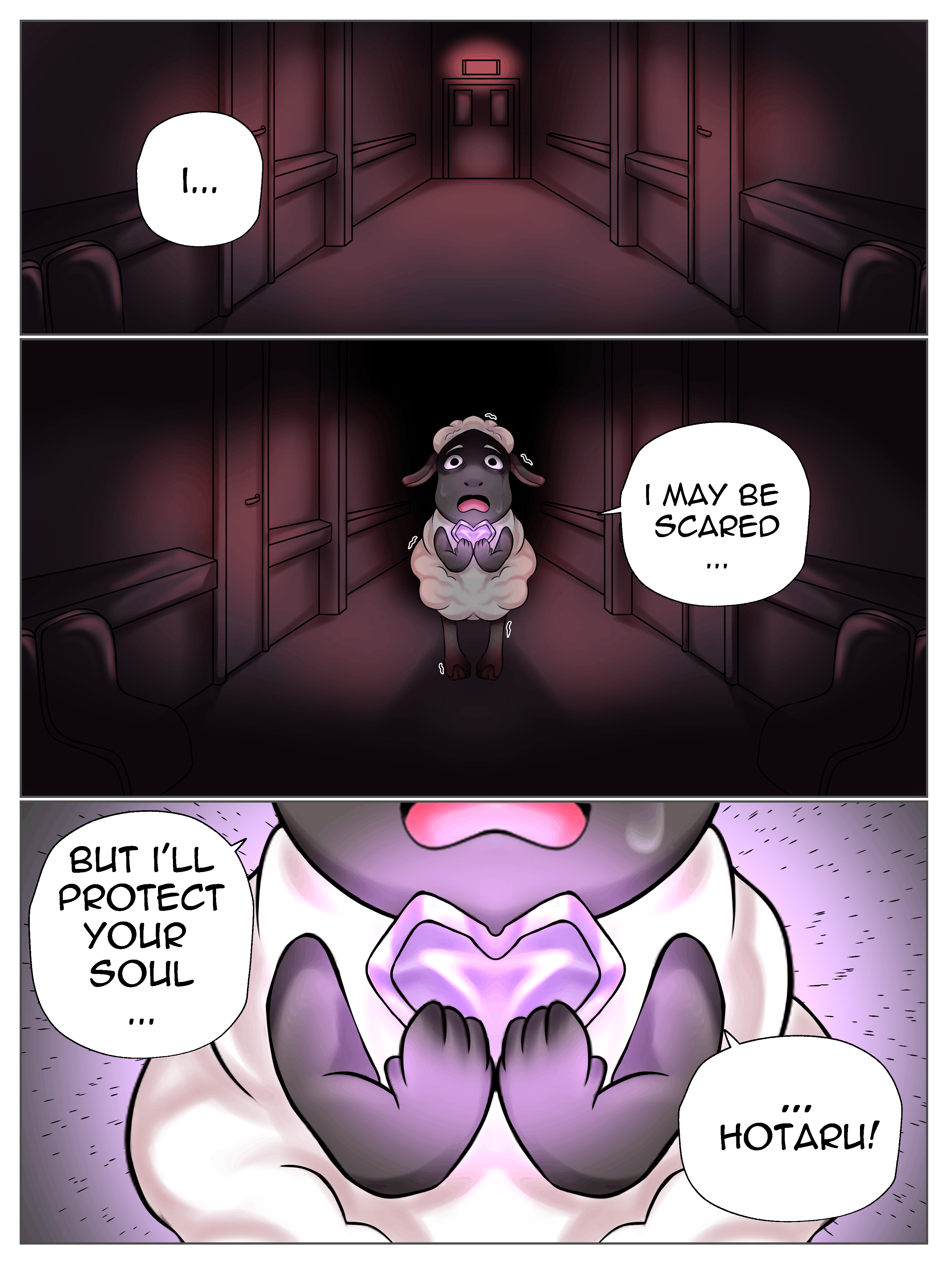 Comic in colors, 3 panels on 1 page. Panel 1 show a creepy hallway. Panel 2 show Wooly frightened. Panel 3 zoom on the crystal he's holding. He's saying: I... I may be scared... but I'll protect your soul... Hotaru!