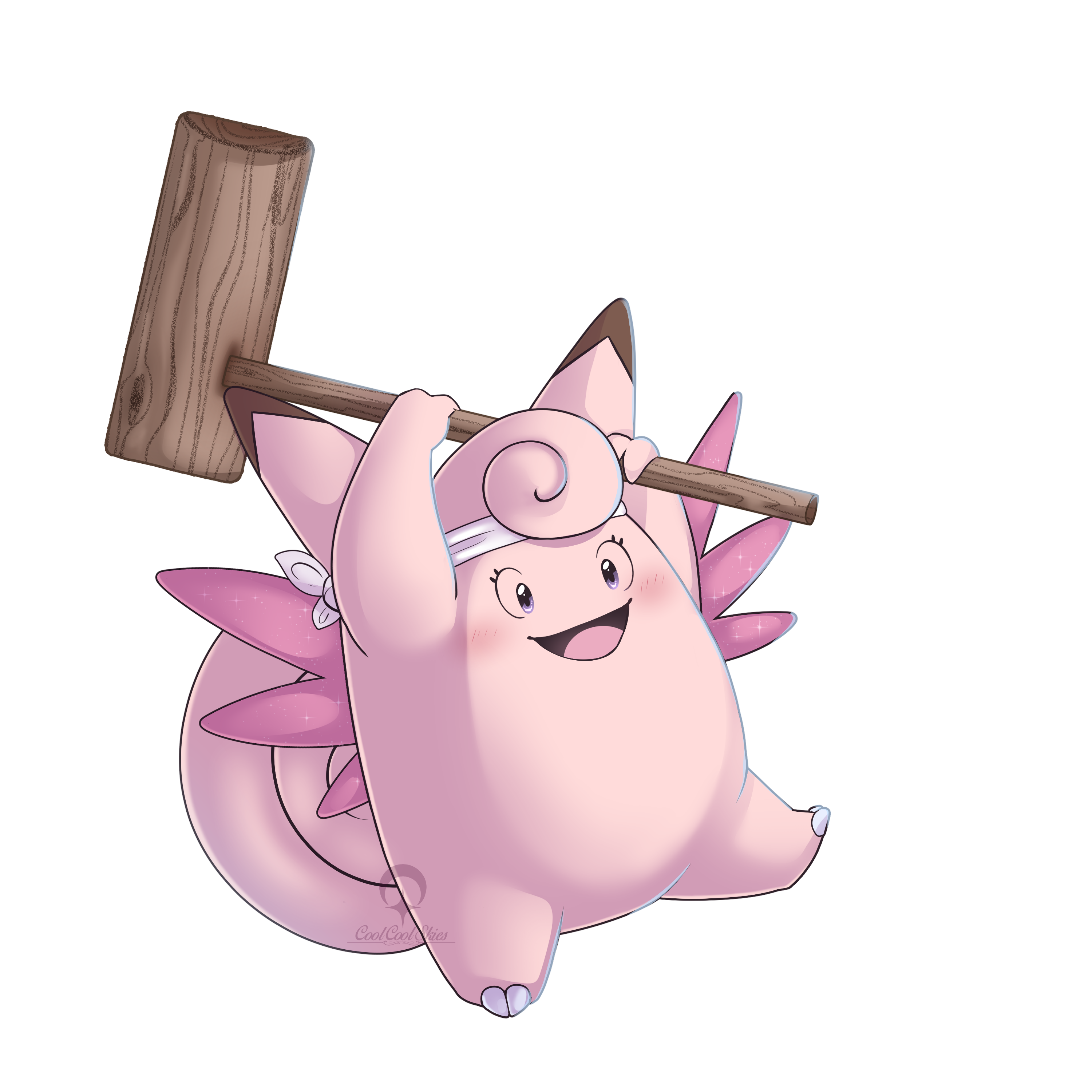  A Clefable wearing a headband raises its mallet to pound rice into mochi.