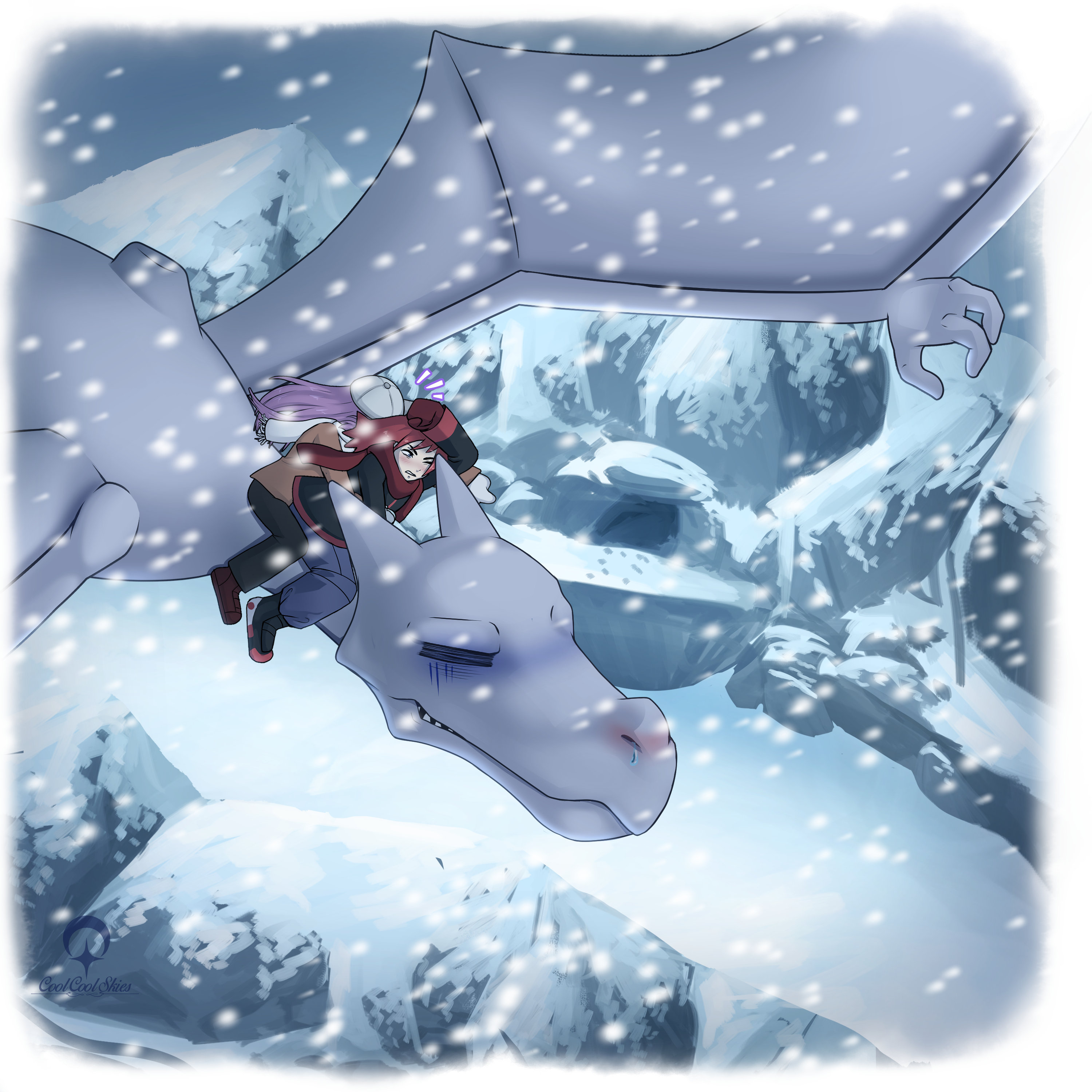 Silver and Dane flying over the Moon Stone Grotto on Dane's Aerodactyl.