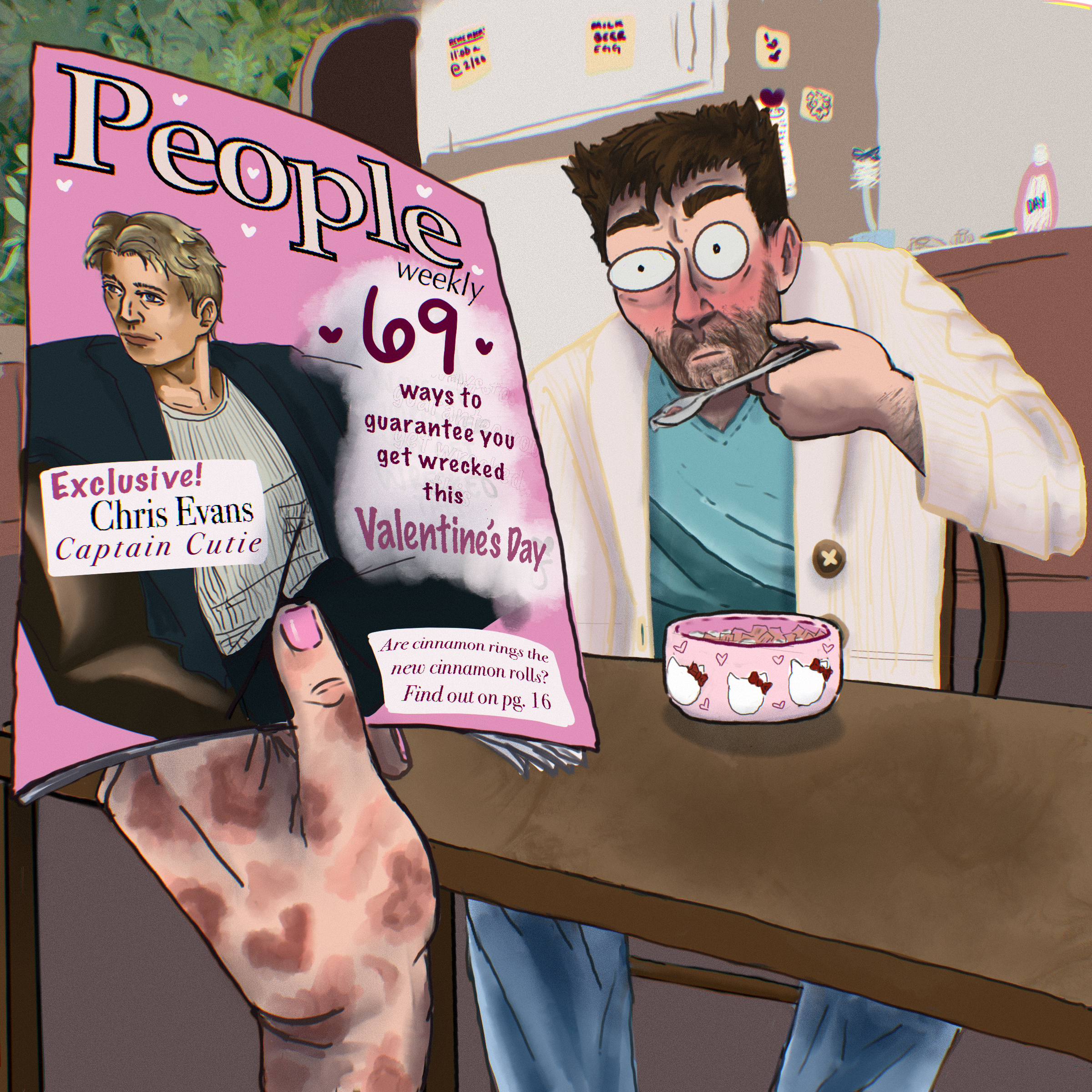 Logan in a cardigan eating cereal. He looks shocked at the Magazine that Wade(off camera) is holding.