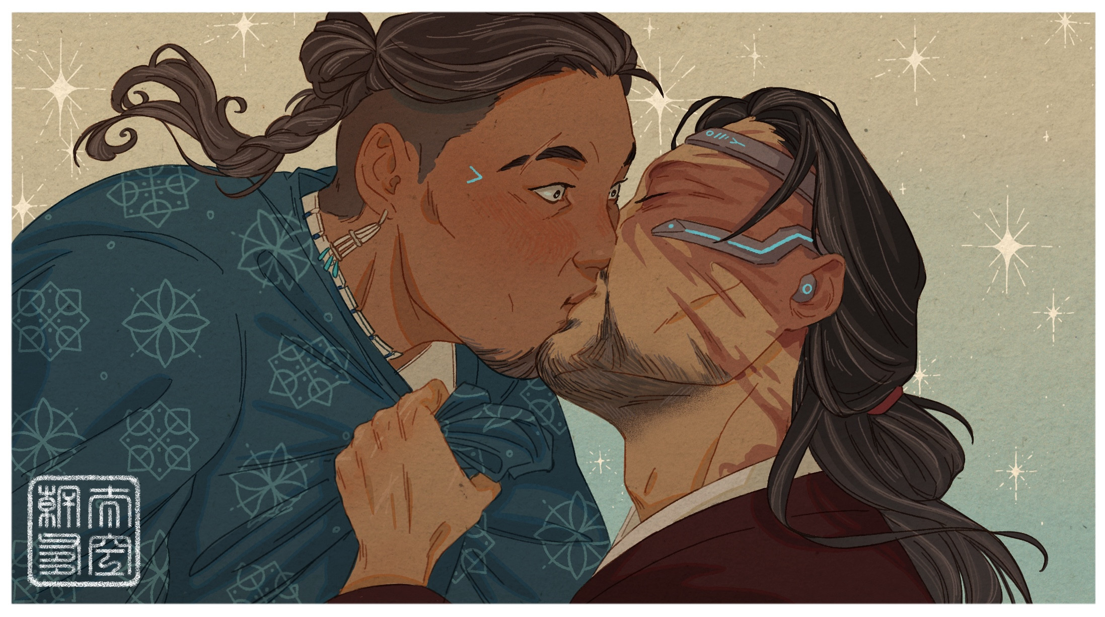 A close up coloured illustration of Sokka and Zuko. Zuko is pulling Sokka towards himself and kissing him on the mouth. Sokka looks surprised. Cybernetic aids are visible over Zuko's scar. There are stars in the background.