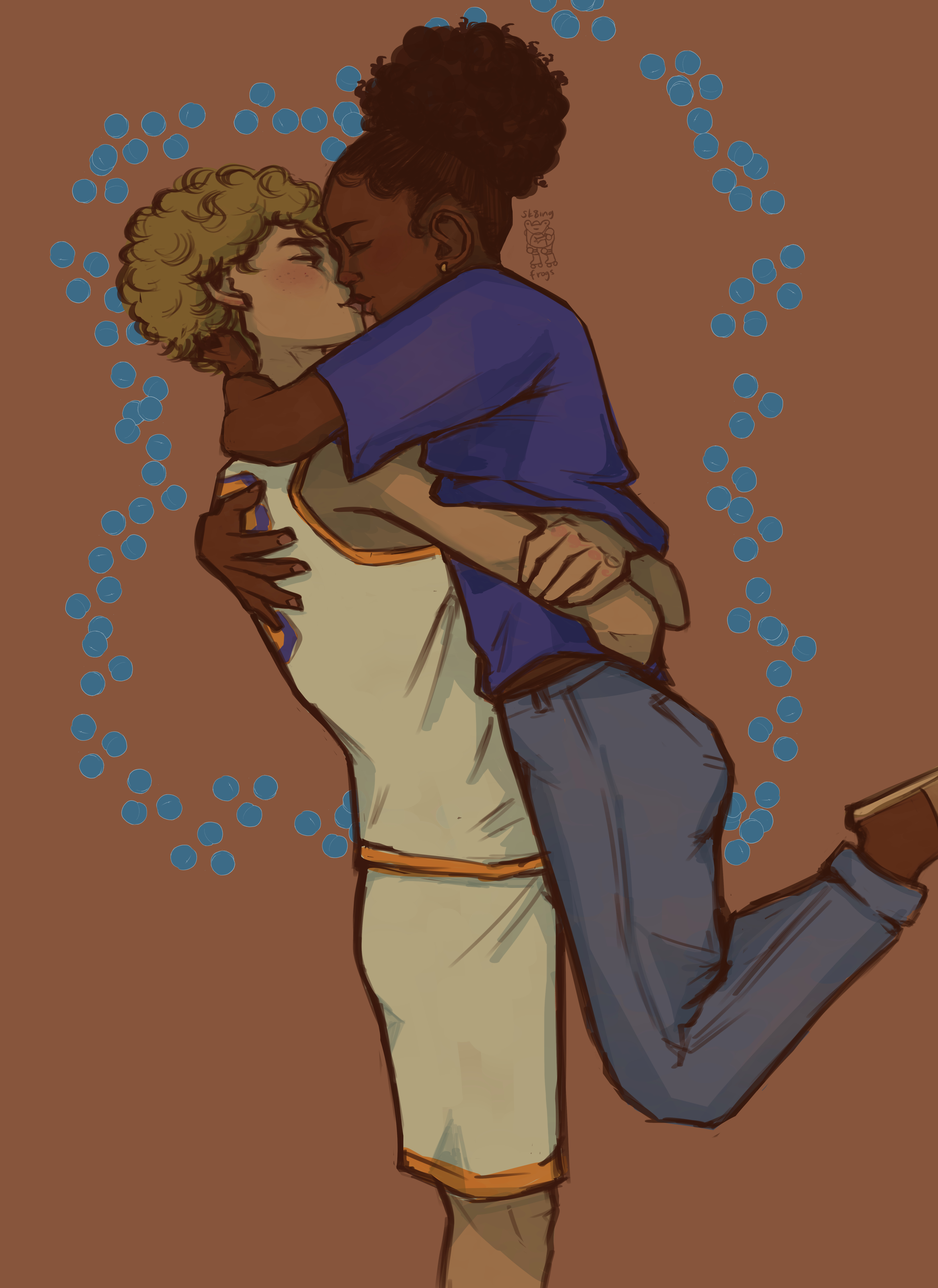 a drawing of percy lifting annabeth up and kissing her. percy is wearing a white, orange, and blue basketball uniform, and annabeth is wearing a blue shirt and jeans.