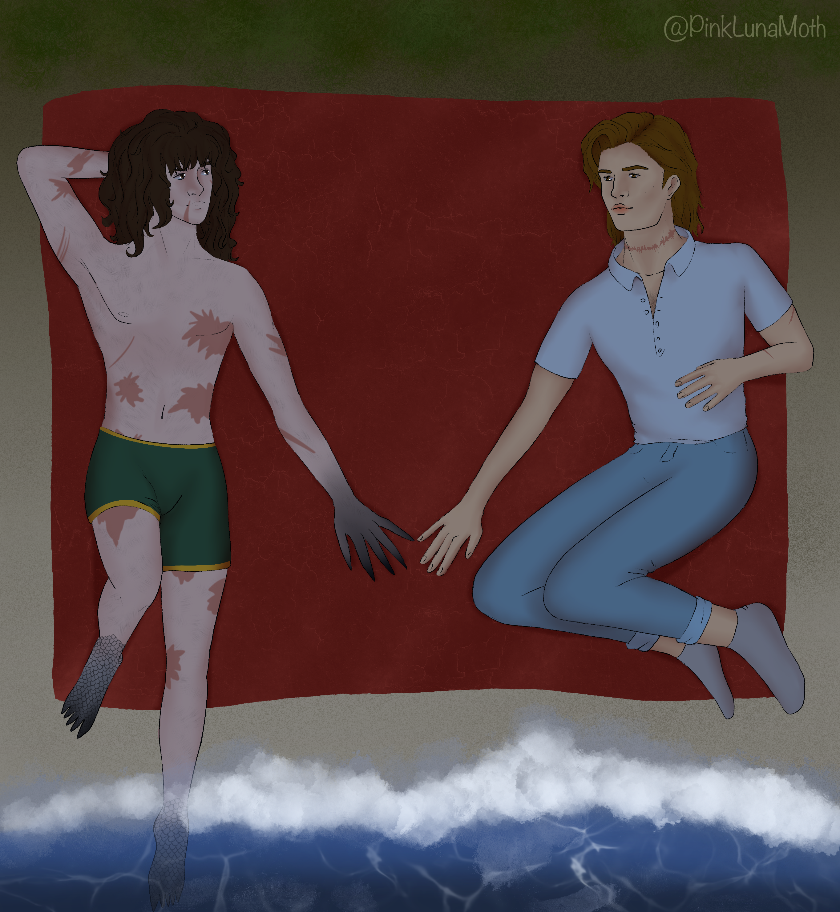 Steve and Eddie lying side by side on a picnic blanket. Steve is looking at the sky. Eddie is looking at Steve