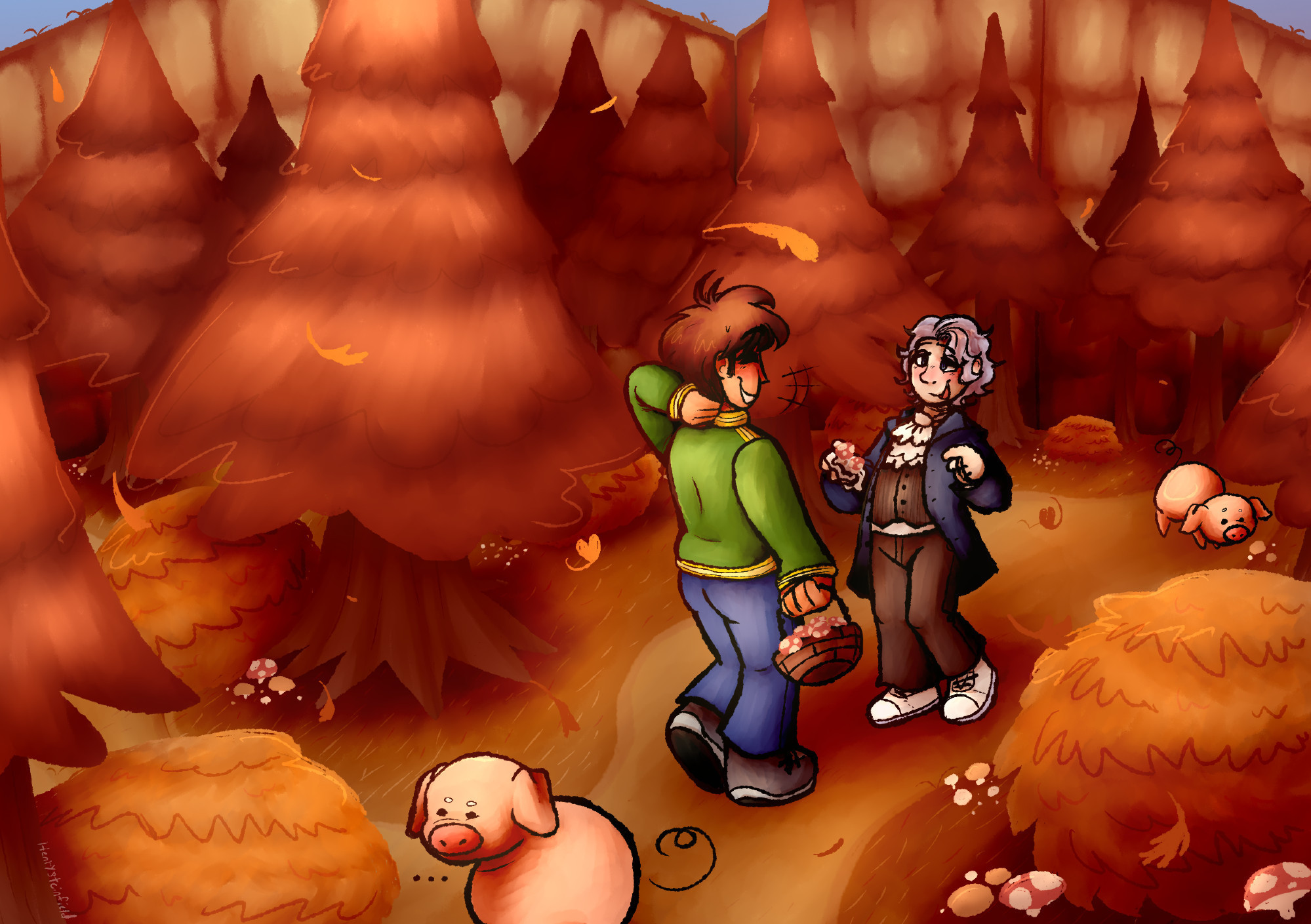 Alex and Orsin enjoying their mushroom hunting date together with Orsin's two hogs.