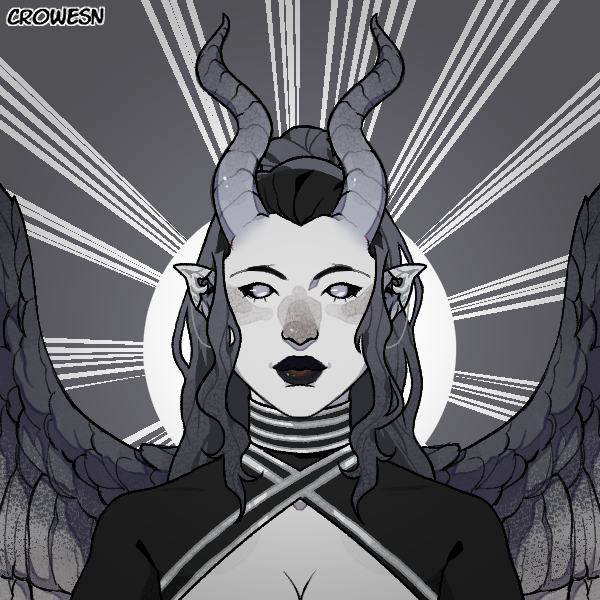 a picrew portrait by crowesn, depicting a devilish woman with pale skin, dark hair, grey horns, and black wings. Her eyes are black with blank white irises like full moons, her lips are full and dark, and she wears a top with a high collar but which wraps around her shoulders, leaving her cleavage exposed.