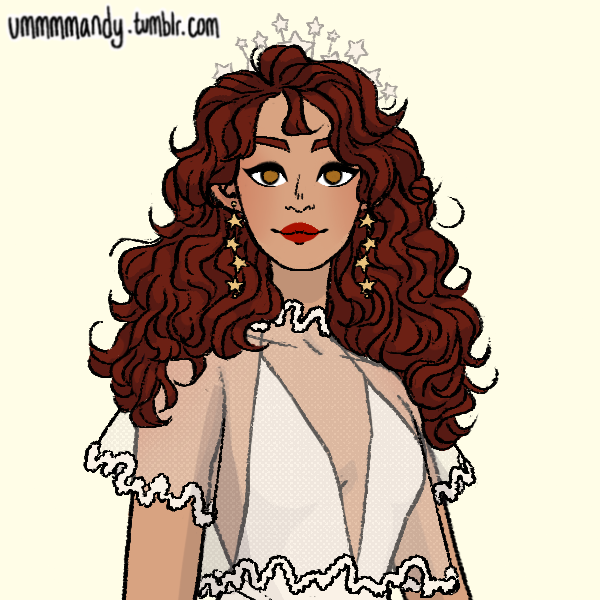 a picrew portrait in a sketchy, flat-colour style, of a woman with masses of curly red-brown hair, large golden eyes, and full red lips. She has starry earrings and a starry crown, and is wearing a white dress with a low v-cut and a sheer over-top. Artist credit is ummmmandy.tumblr.com]