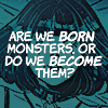 domino in the comic lovesick 2022. image has a deep cyan overlay and white text from the comic that reads 'are we born montsers or do we become them'
