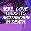 domino in the comic lovesick 2022. icon has a magenta color fill overlay and white comic text that reads 'here, love finds its apotheosis in death'