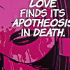 domino in the comic lovesick 2022 with a deep pink color fill overlay and white comic text in the corner that reads 'love finds its apotheosis in death'
