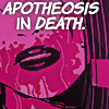 domino in the comic lovesick 2022 with a deep pink color fill overlay and white comic text at the top edge that reads 'apotheosis in death'