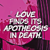 domino in the comic lovesick 2022 with a deep pink color fill overlay and center aligned white comic text that reads 'love finds its apotheosis in death'