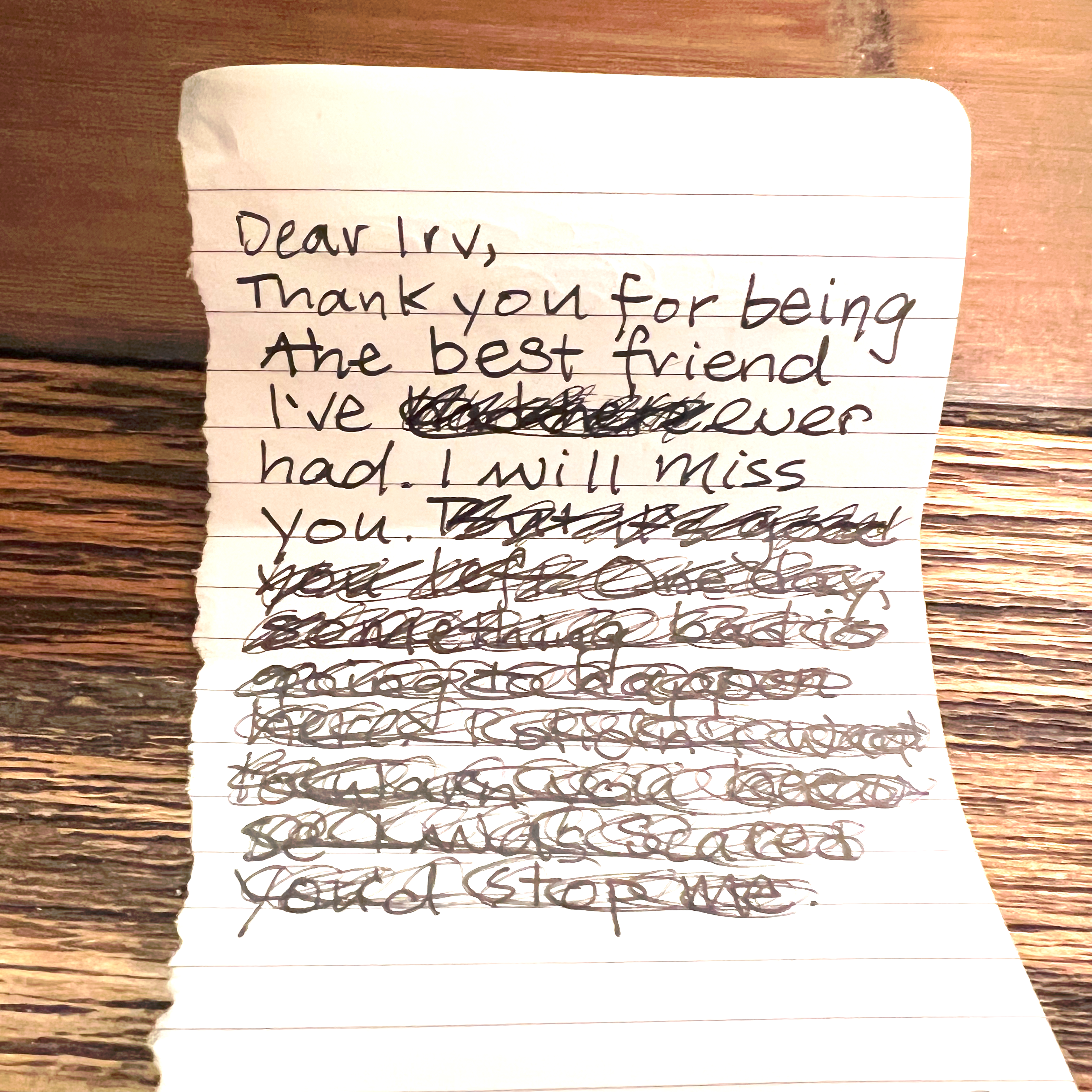 A handwritten letter on lined paper, which reads: Dear Irv, Thank you for being the best friend I've [crossed out text] ever had. I will miss you. [crossed out text]