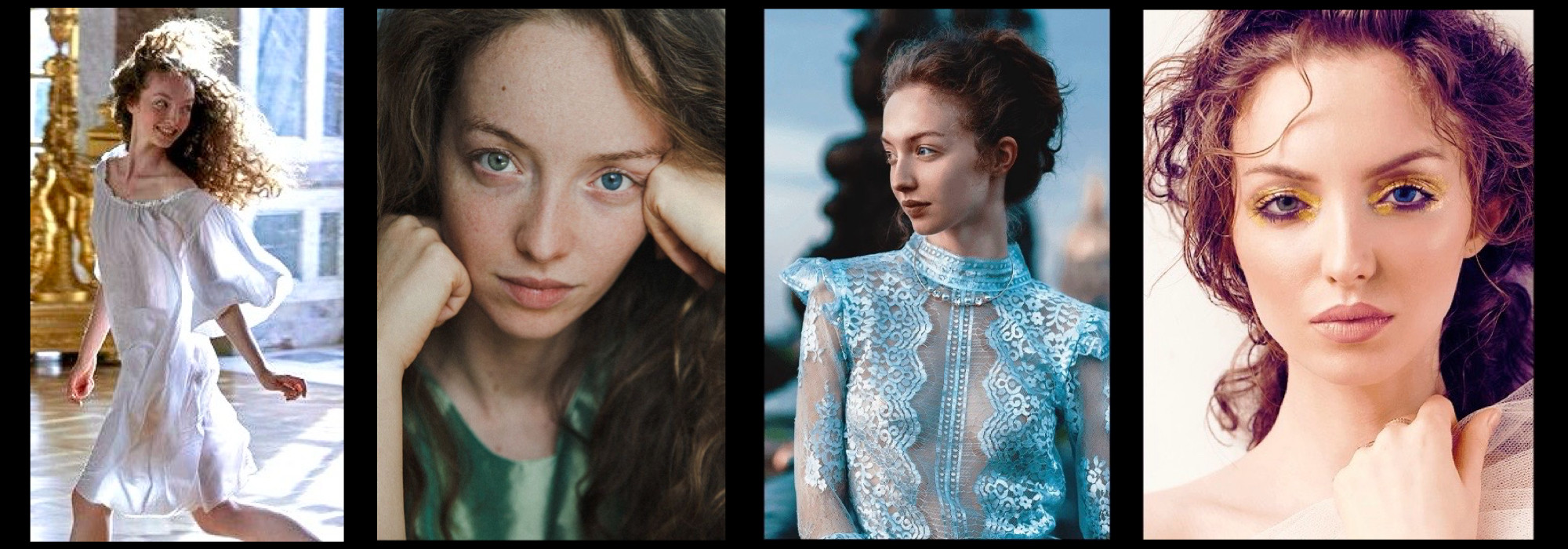 Banner. Four photos brunette woman.