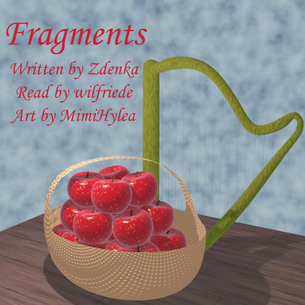 Podfic cover. 3D-rendered scene by MimiHylea. Wicker basket with apples, and a harp, standing on a table. Alternative image links: https://archive.org/download/fragments_202503/fragments_cover.jpg and https://drive.google.com/file/d/1NYliXMWSkrxB1_ixcRqPZx_wslB7doEX/view?usp=drive_link