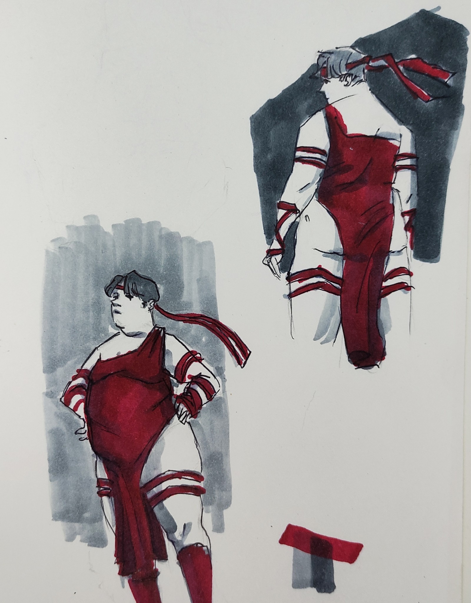 two simple pen and marker drawings of foggy nelson in greys and red. he is wearing elektra's dress, with only one short sleeve, high slit skirt, and arm wraps. one is show from the back and the other from the front