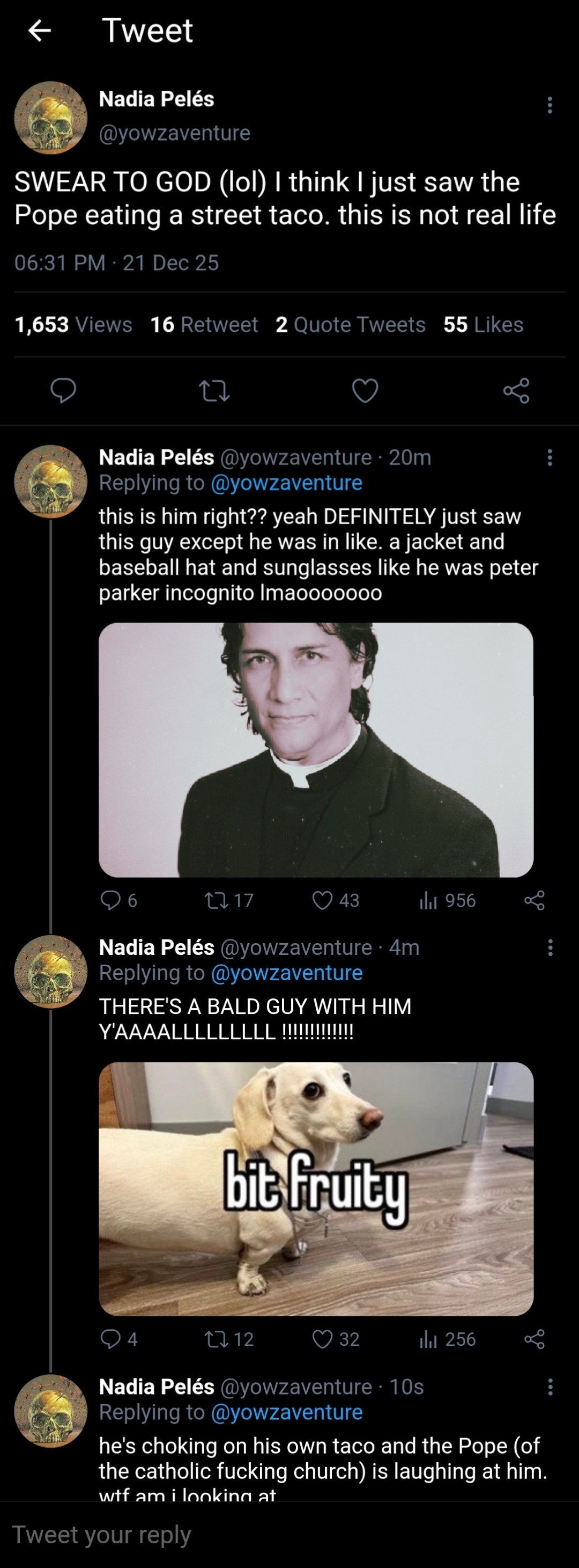a screenshot of a series of tweets from Nadia Peles, @yowzaventure. first tweet reads: "SWEAR TO GOD (lol) I think I just saw the Pope eating a street taco. this is not real life" second tweet reads: "this is him right?? yeah DEFINITELY just saw this guy except he was in like. a jacket and baseball hat and sunglasses like he was peter parker incognito lmaooooooo" with a picture of Vincent Benitez as a priest. third tweet reads: "THERE'S A BALD GUY WITH HIM Y'AAAAALLLLLLL !!!!!!!!!!" and a picture of the homophobic "bit fruity" dog meme. fourth tweet reads: "he's choking on his own taco and the Pope (of the catholic fucking church) is laughing at him. wtf am i looking at"