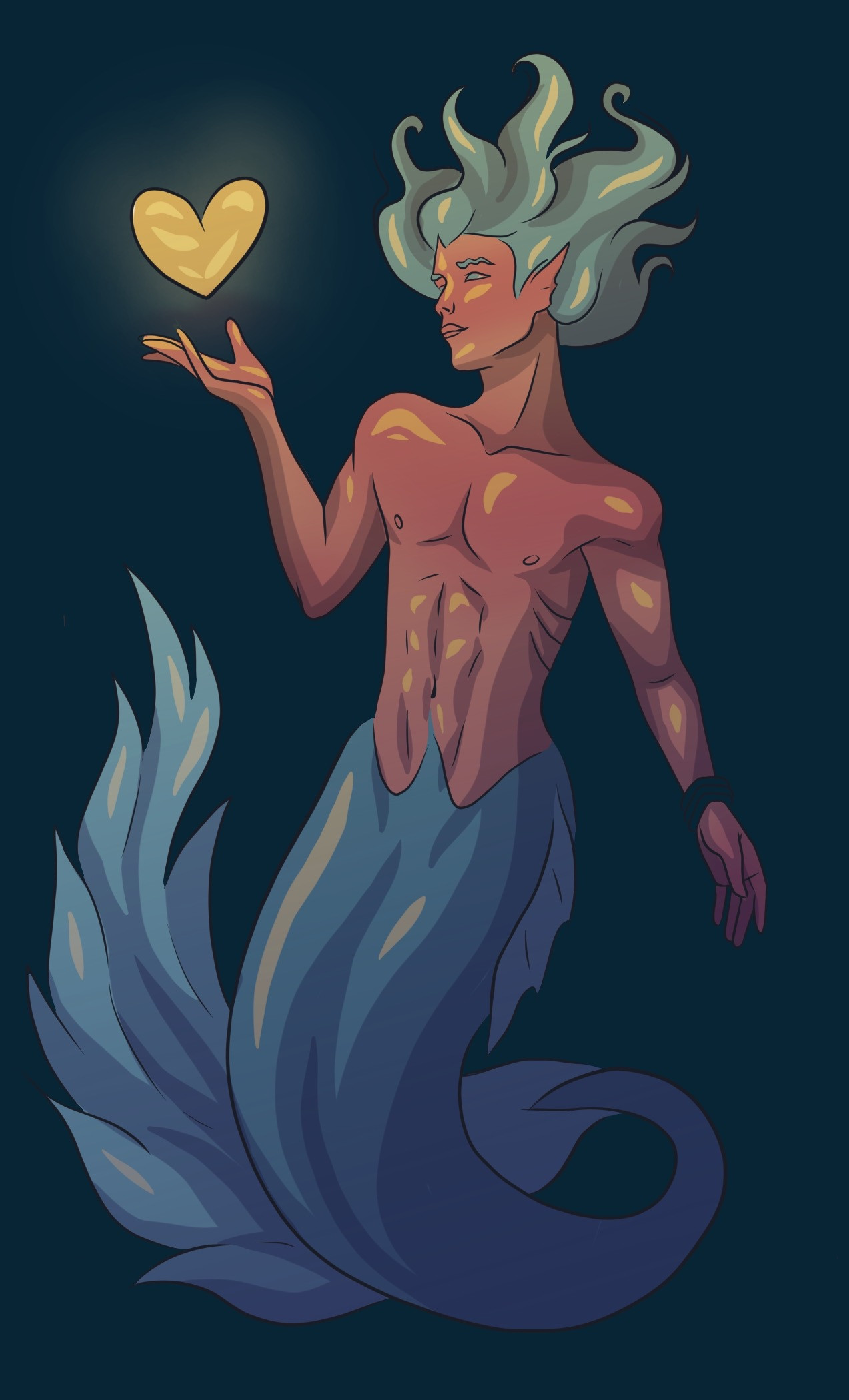 Cove as a merman, underwater, holding a floating, glowing heart